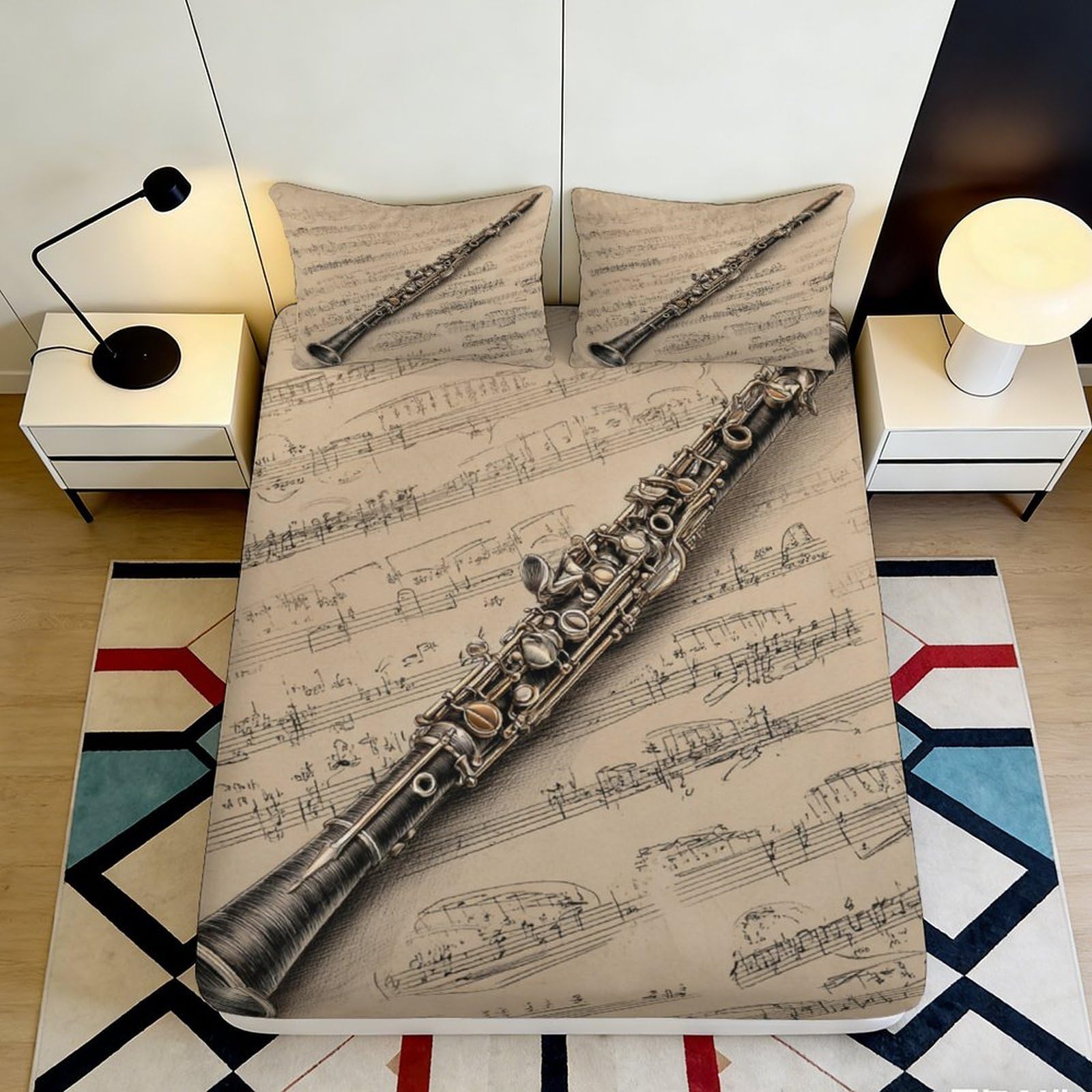 3D Printed Clarinet Music Sheet Fitted Sheet Microfiber Soft Breathable Musical Notes Bed Cover for Bedroom Dorm 90x200x25cm