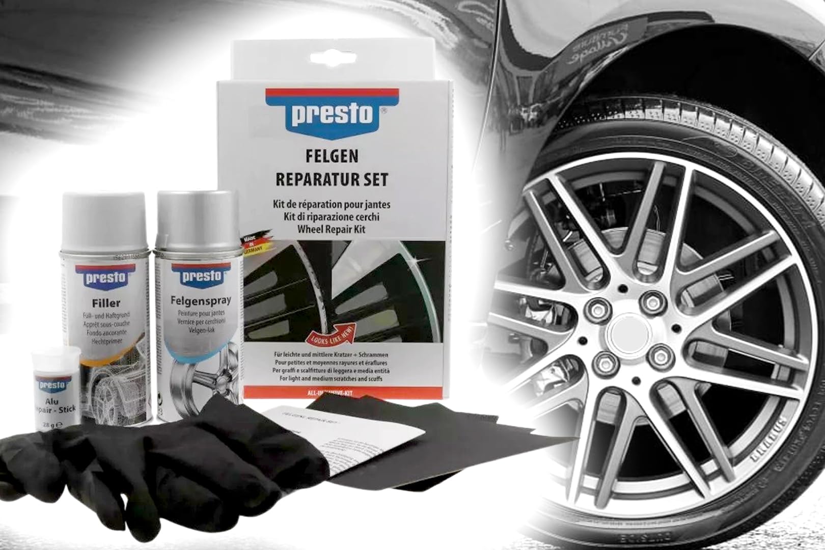 1 I 2 I 4 I 5 Felgen-Reparatur-Set Presto, Felgenaufbereitung, Felgenreparatur für leichte und mittlere Kratzer Bordsteinkratzer Schrammen kleine Steinschläge (1)