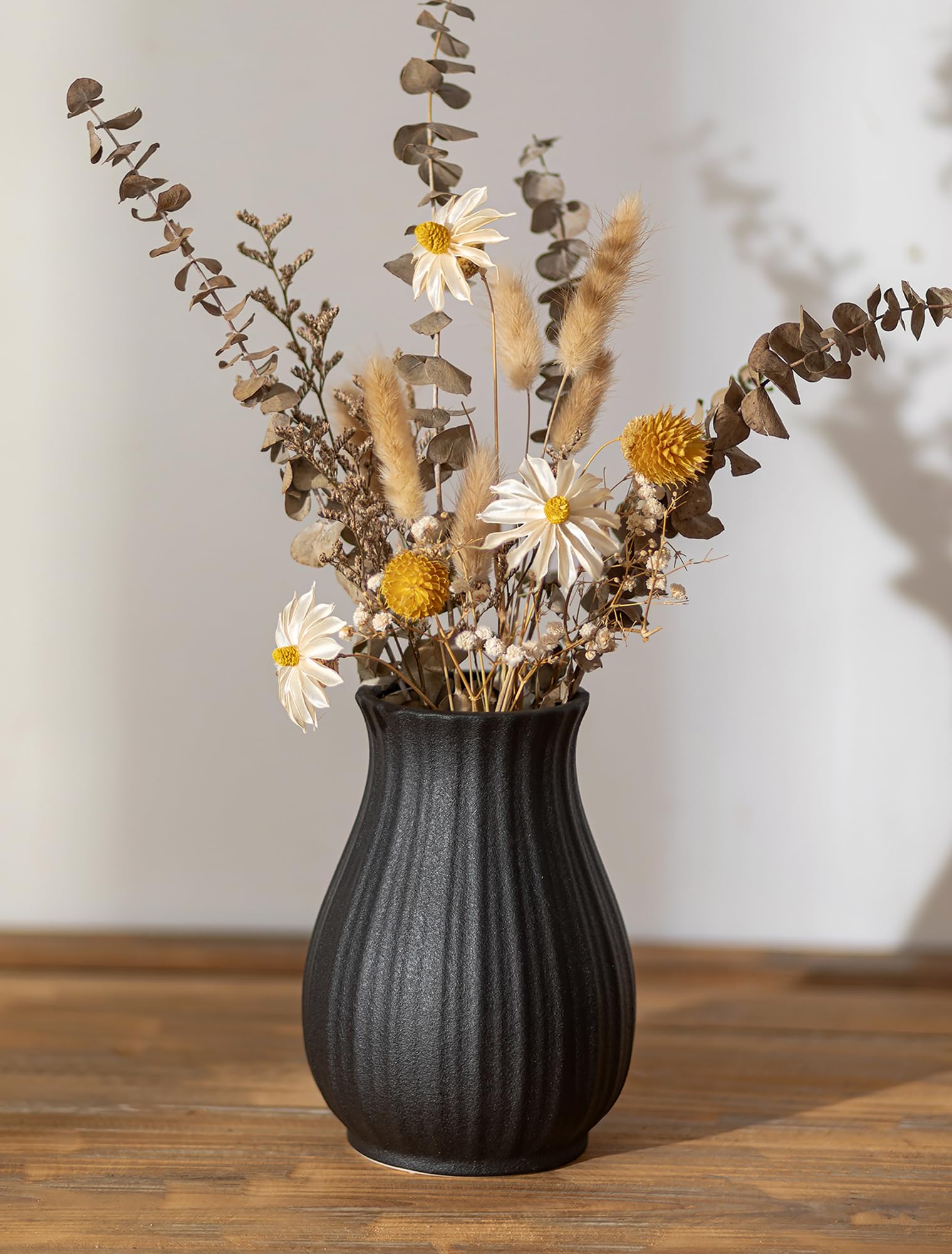 NUPTIO Noir Céramique Vase Decoratif: 16cm Moderne Fleurs Bouquet Vases pour Chambre Maison Salon - Boheme Séchées Pampa Centre de Table for Interieur Decoration
