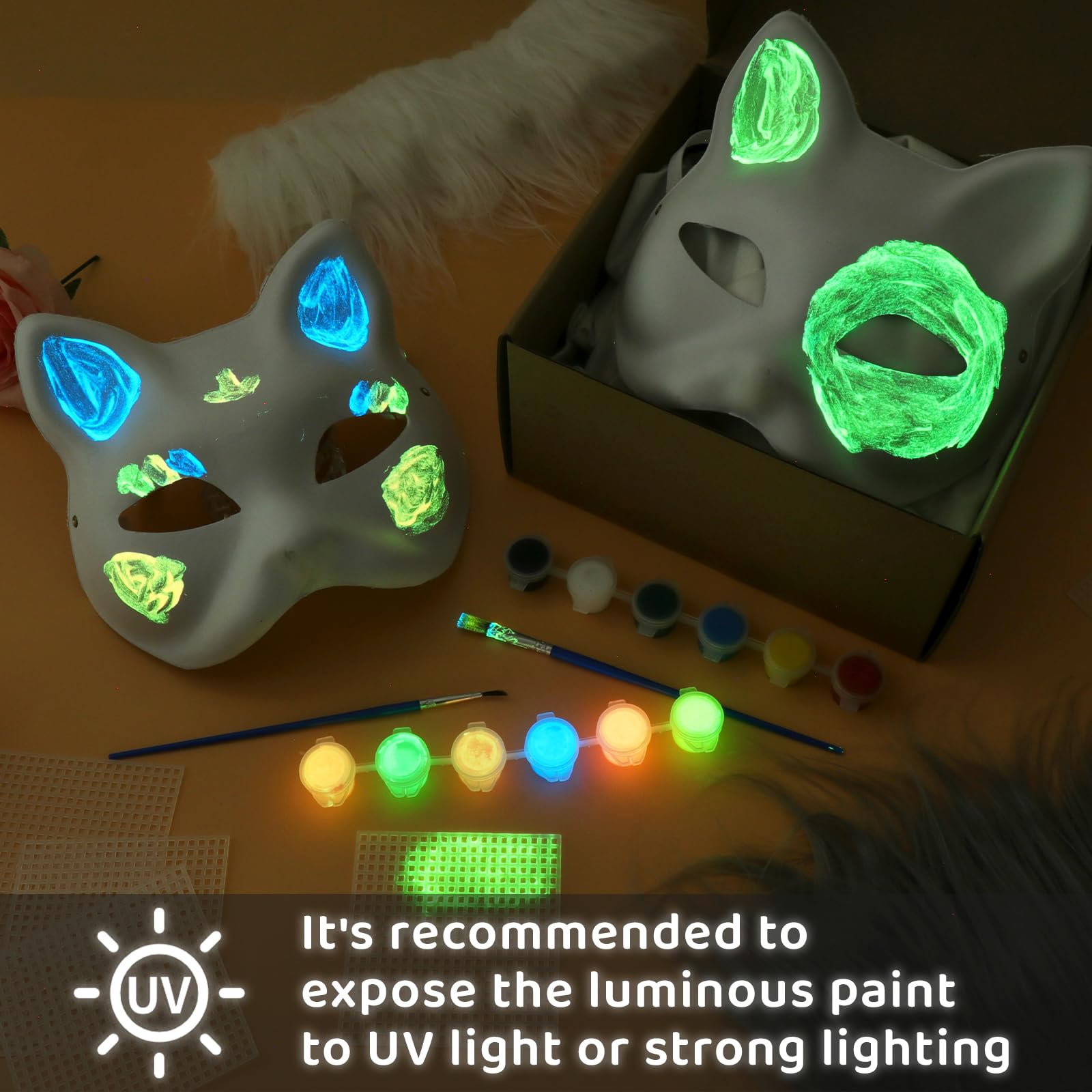 Dreamtop 15Pcs DIY Glow Therian Mask Cat Kit Includes Blank Cat Masks Faux Fur Fabric Plastic Meshes Sheets Glow and Acrylic Paint, Costume Masks for Halloween Masquerade Cosplay Party