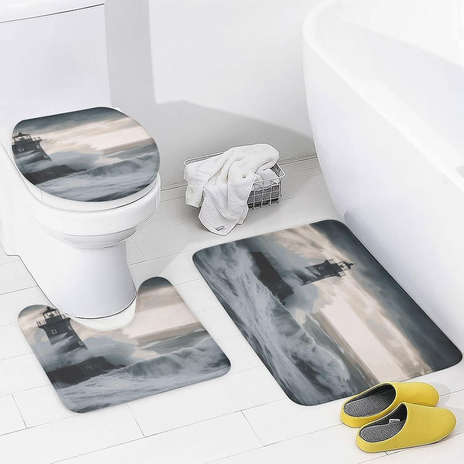 Lighthouse in Storm Bath Rug Set 4 Piece,Bathroom Accessories Set-Toilet Rugs U Shaped,Toilet Lid Cover,Shower Curtain and Rugs,Ultra Soft, Absorbent,Home Decor