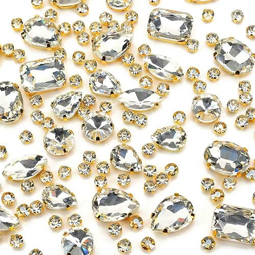 Miniatura 25 de Diamantes de imitación para coser, Choupee 130 piezas de piedras rojas para coser con base metálica y engaste de garra, formas mixtas, gemas