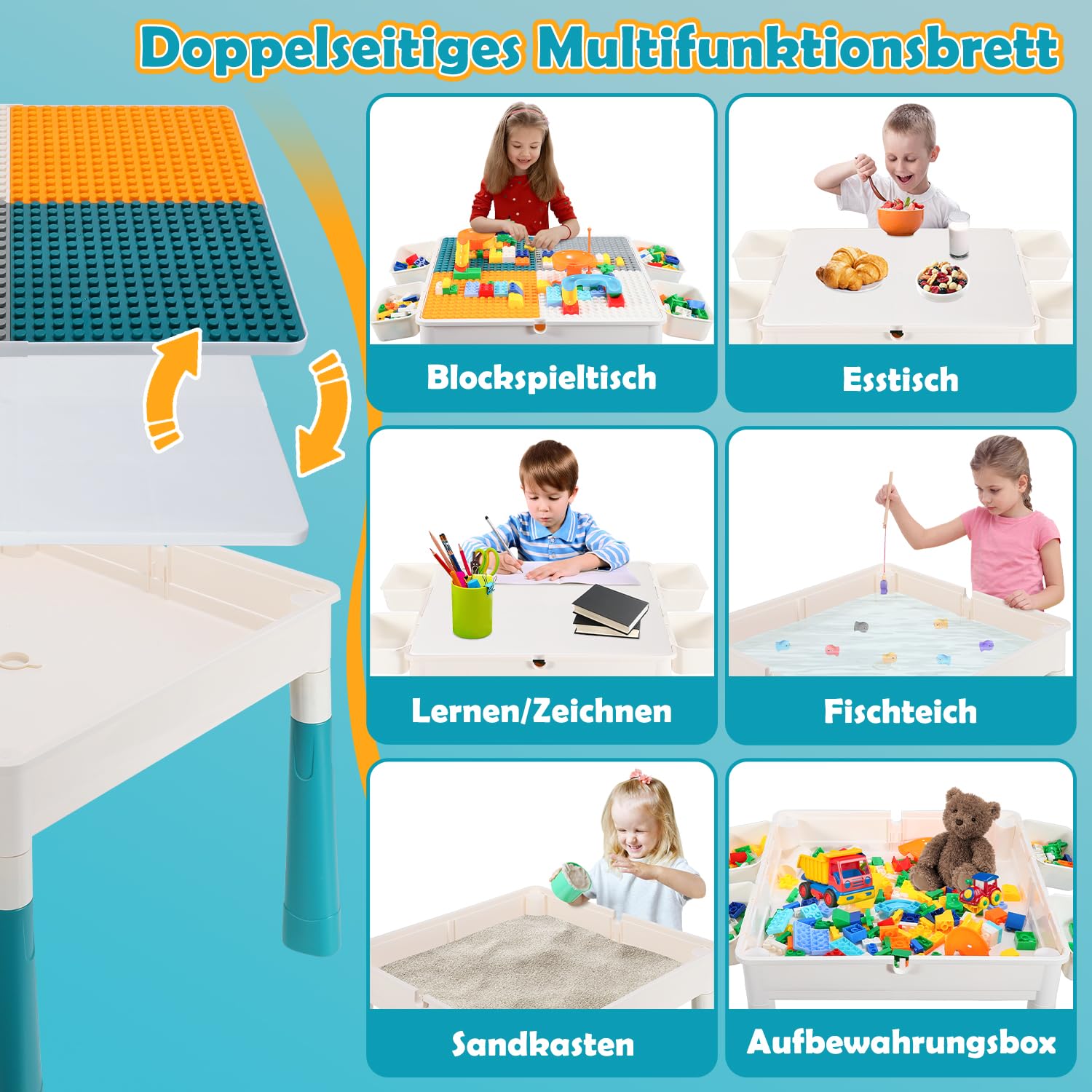 Kindertisch mit 2 Stühlen und Bausteinen, multifunktionaler Aktivitätstisch ab 2 Jahren mit Stauraum, Kreativer Gaming Tisch Baustein Set