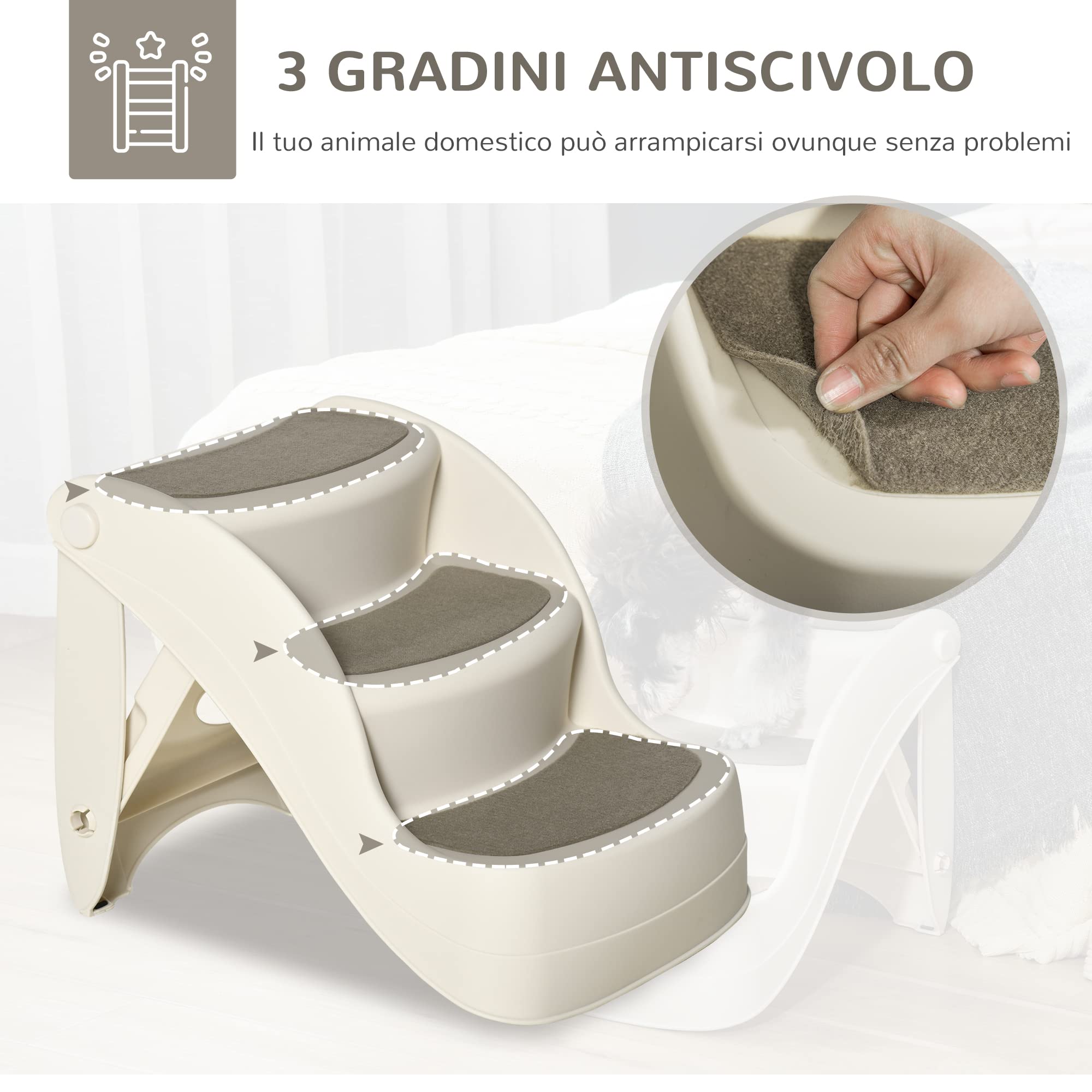 PawHut Scaletta per Cani Pieghevole con 3 Gradini Antiscivolo, Scala per Animali Domestici, Cuccioli, Gatti, in PP, 49x38x38 cm, Beige