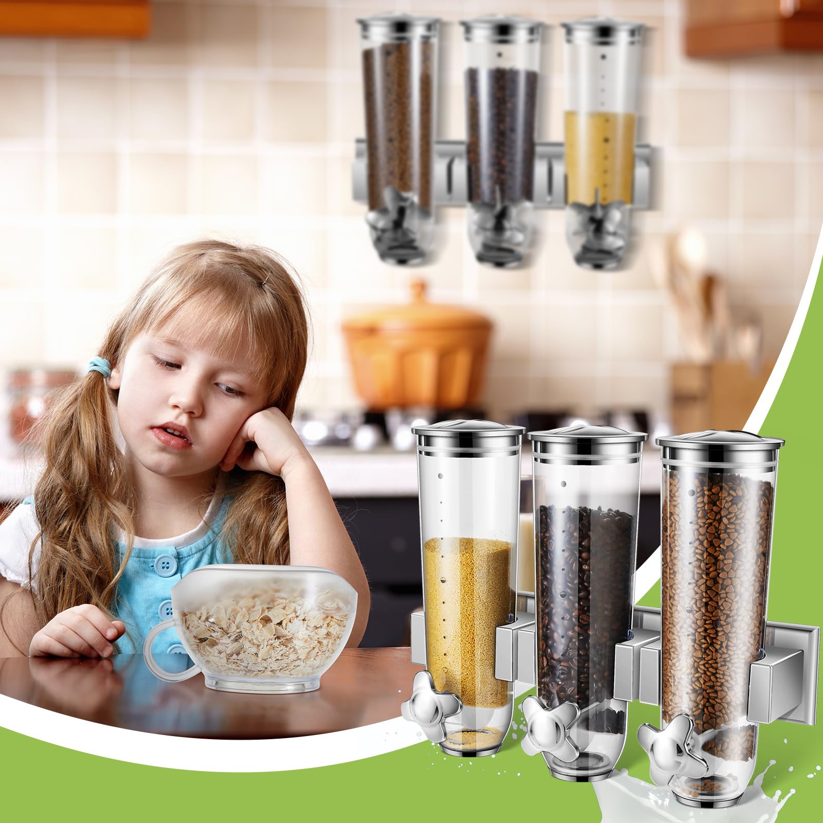 Umigy Candy Dispenser Wall Mounted, Triple Dry Cereal Dispenser Grain ...