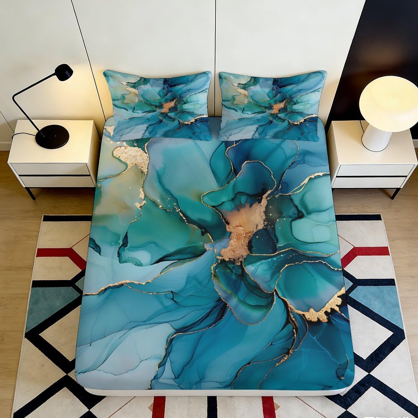 Pnayamiorkfel Style-3 3D Printed Aqua Marble Fitted Sheet Microfiber Decorative Gold Vein Mattress Cover For Bedroom Dorm Guest Room 90X200x25cm
