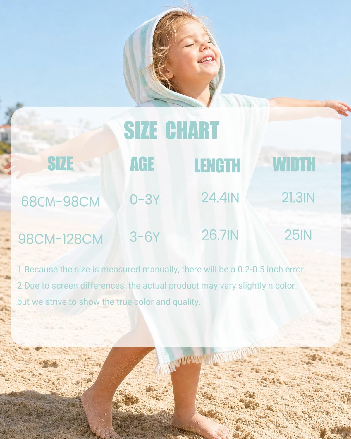 FishingDino Poncho da bagno per bambini, taglia 68-128, asciugamano ad asciugatura rapida, poncho per bambini con nappe, poncho da bagno a righe, poncho da surf per ragazzi e ragazze 0-6 anni, blu, 68