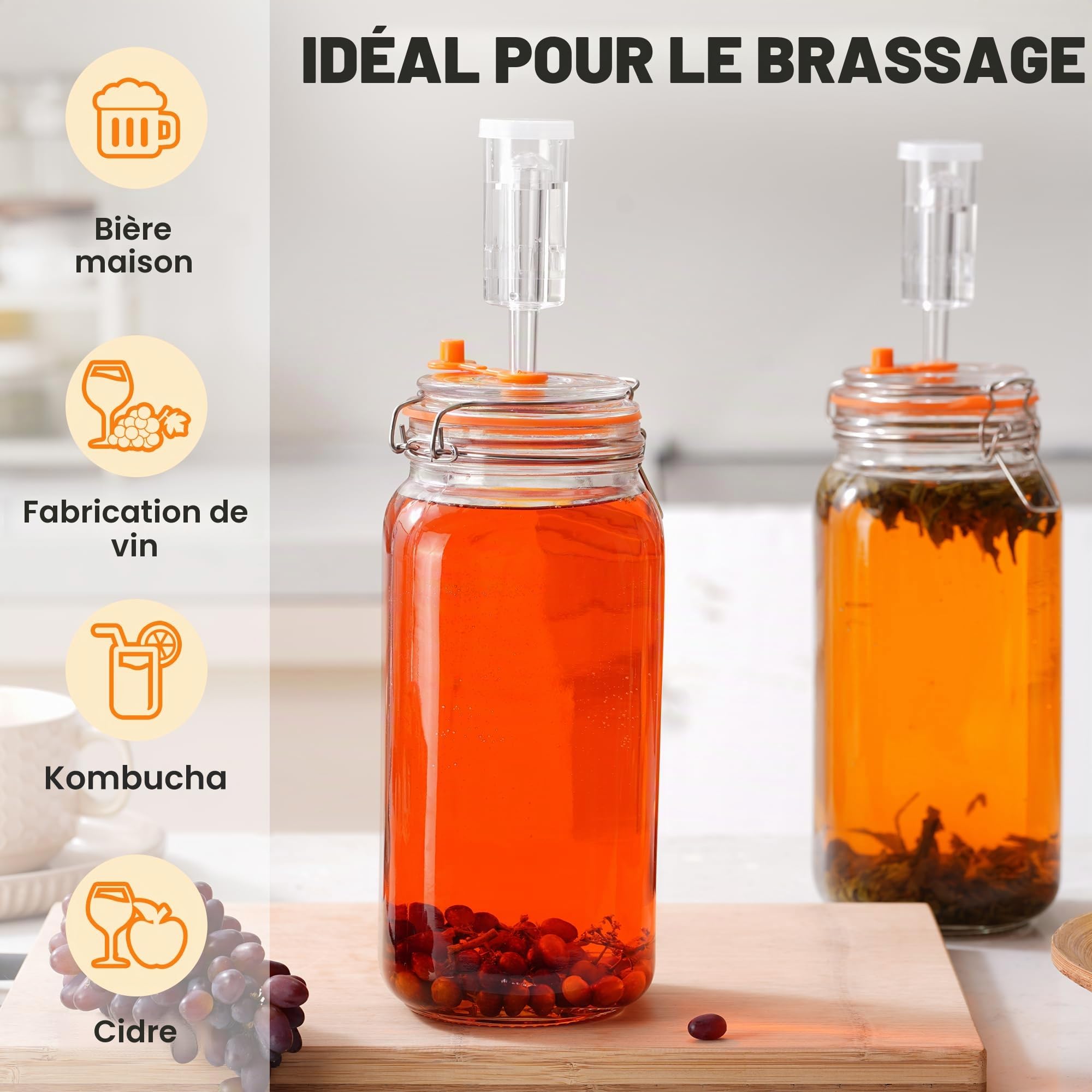 Lot de 2 bocaux de fermentation de 2 L avec poids et verrou d'air, kit de fermentation pour choucroute, kimchi, kombucha et cornichons