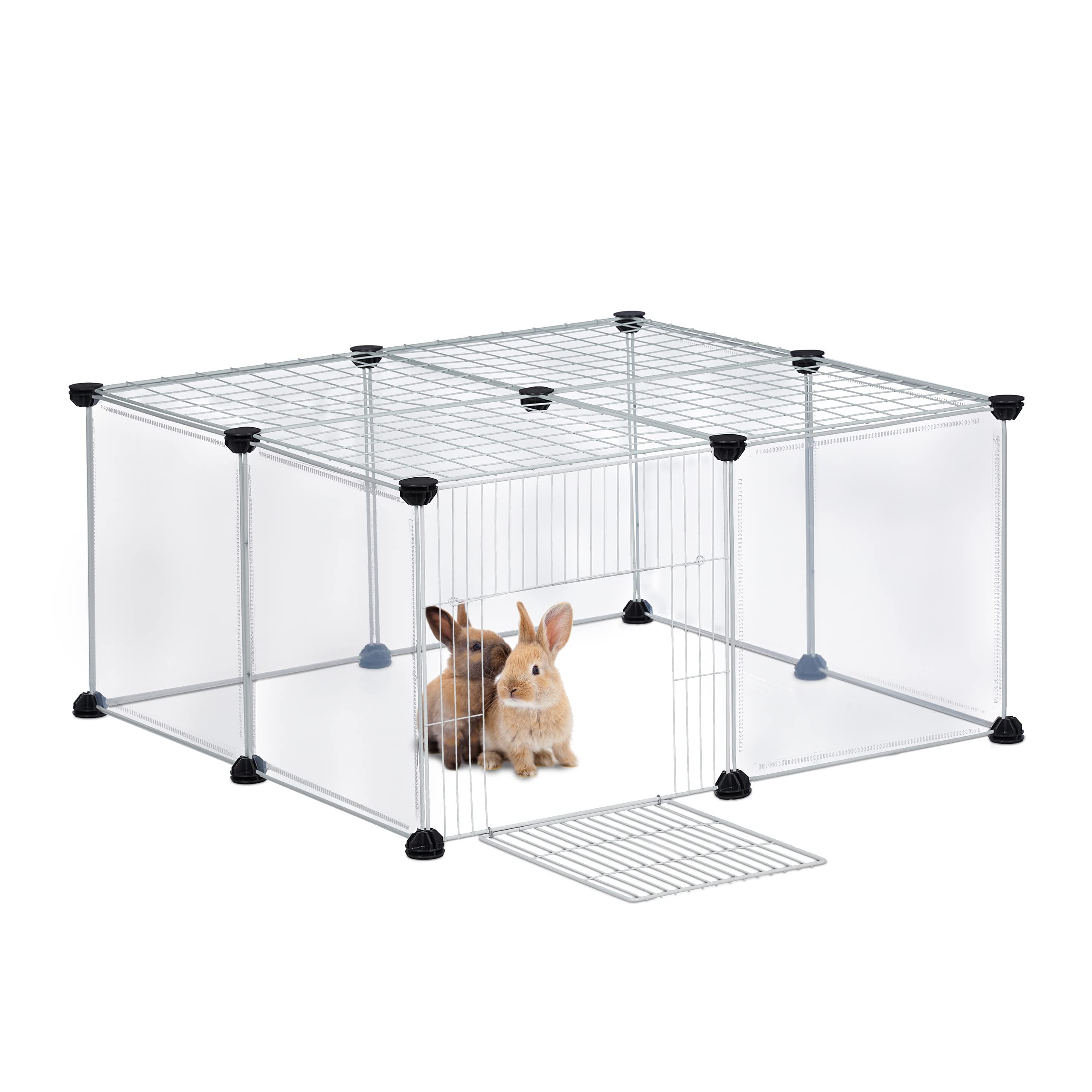 Relaxdays Parque para Mascotas con Puerta y Cubierta, 37x75x75cm, Corral para Perros, Jaula Conejo, Transparente, Blanco, Hierro Plástico, 37 x 75 x 75 cm