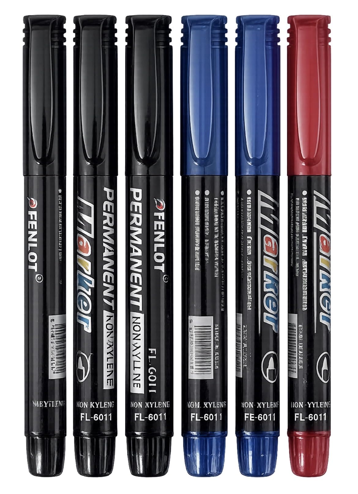 6 Pack Permanent Marker Set, Non-Xylene, 3 x Black, 2 x Blue and 1 Red