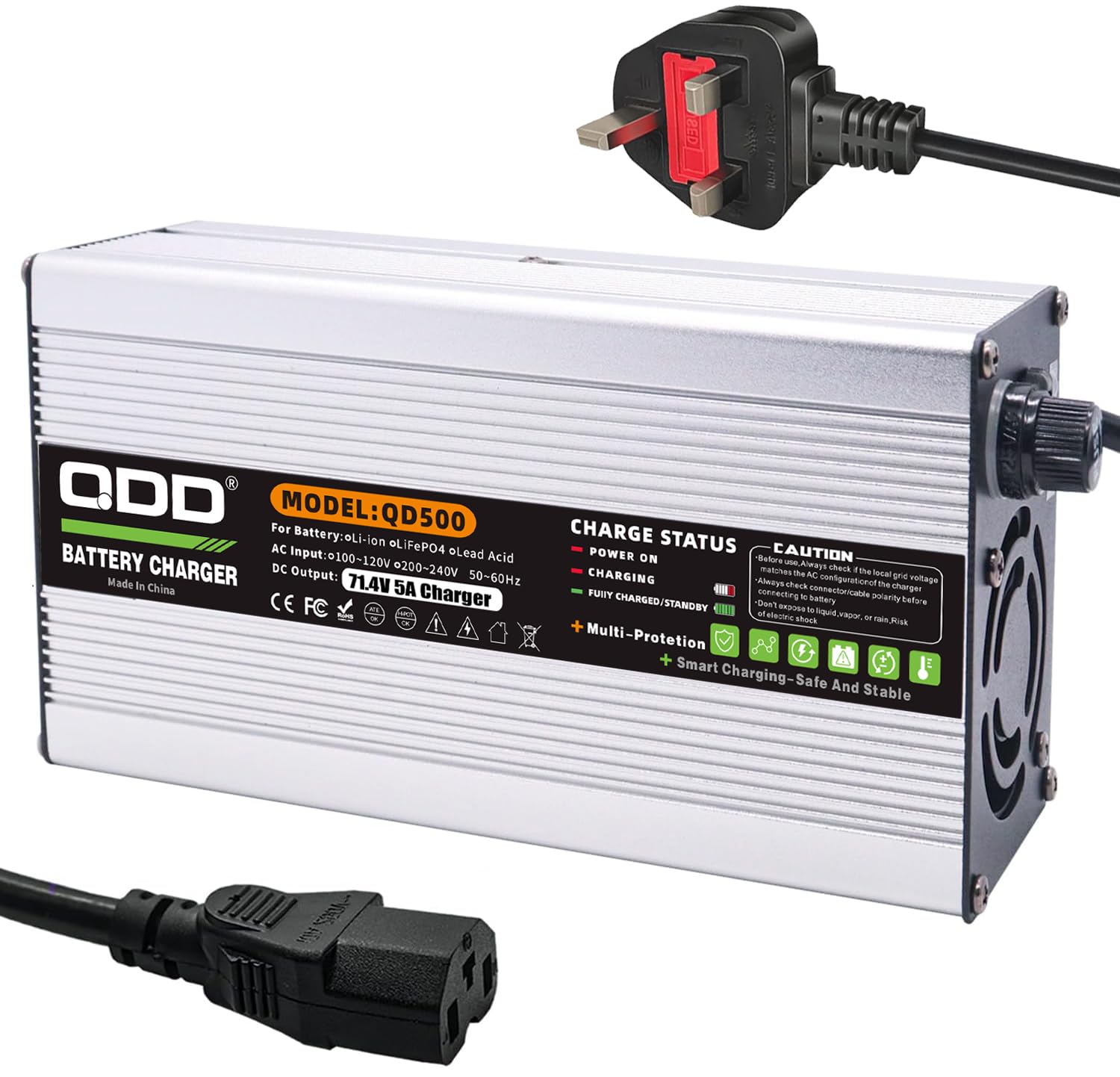 QDD Cargador de batería de iones de litio de 60 V, 71,4 V, 5 A, salida de carcasa de aluminio plateado, conector C13 N+L, utilizado para batería de litio de 17S 60 V