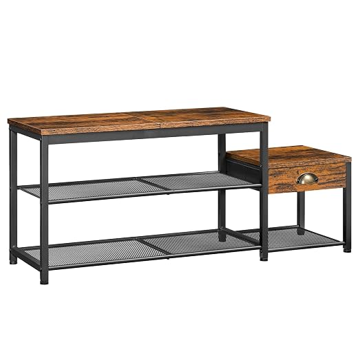 HOOBRO Shoe Rack Bench with Drawer, Parent-Child Entryway Bench, Shoe Storage Organizer with Seat, Industrial Metal Frame, for Hallway, Foyer, Rustic Brown and Black BF113HX01
