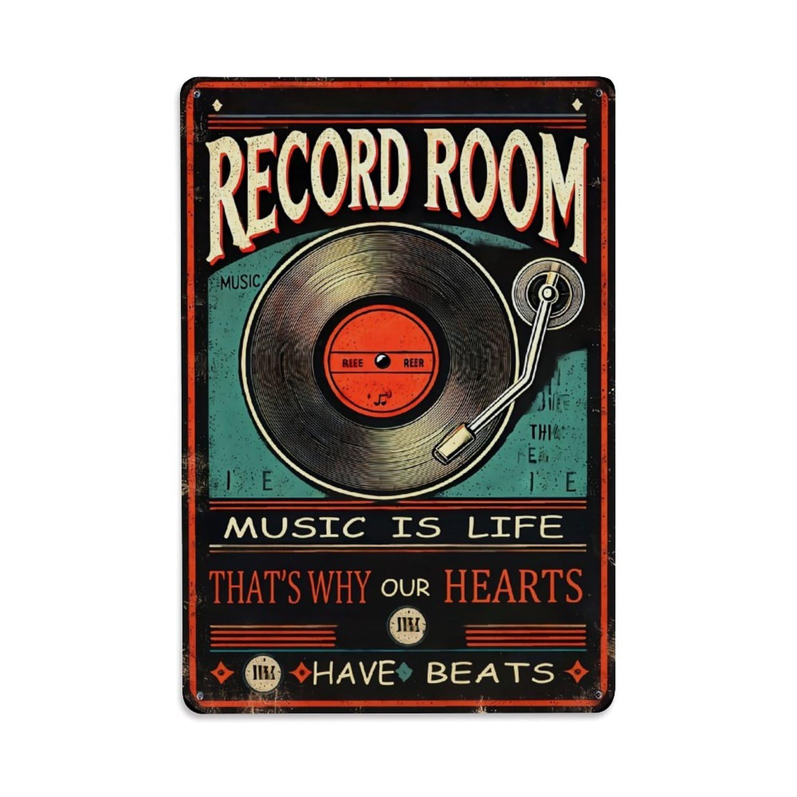 Jdfenggu Vintage Record Room Turntable Music Poster Retro Metal Tin Sign, Metal Poster For Bar, Home, Man Cave, Kitchen, Laundry Room Art Decor 8X12 Inch