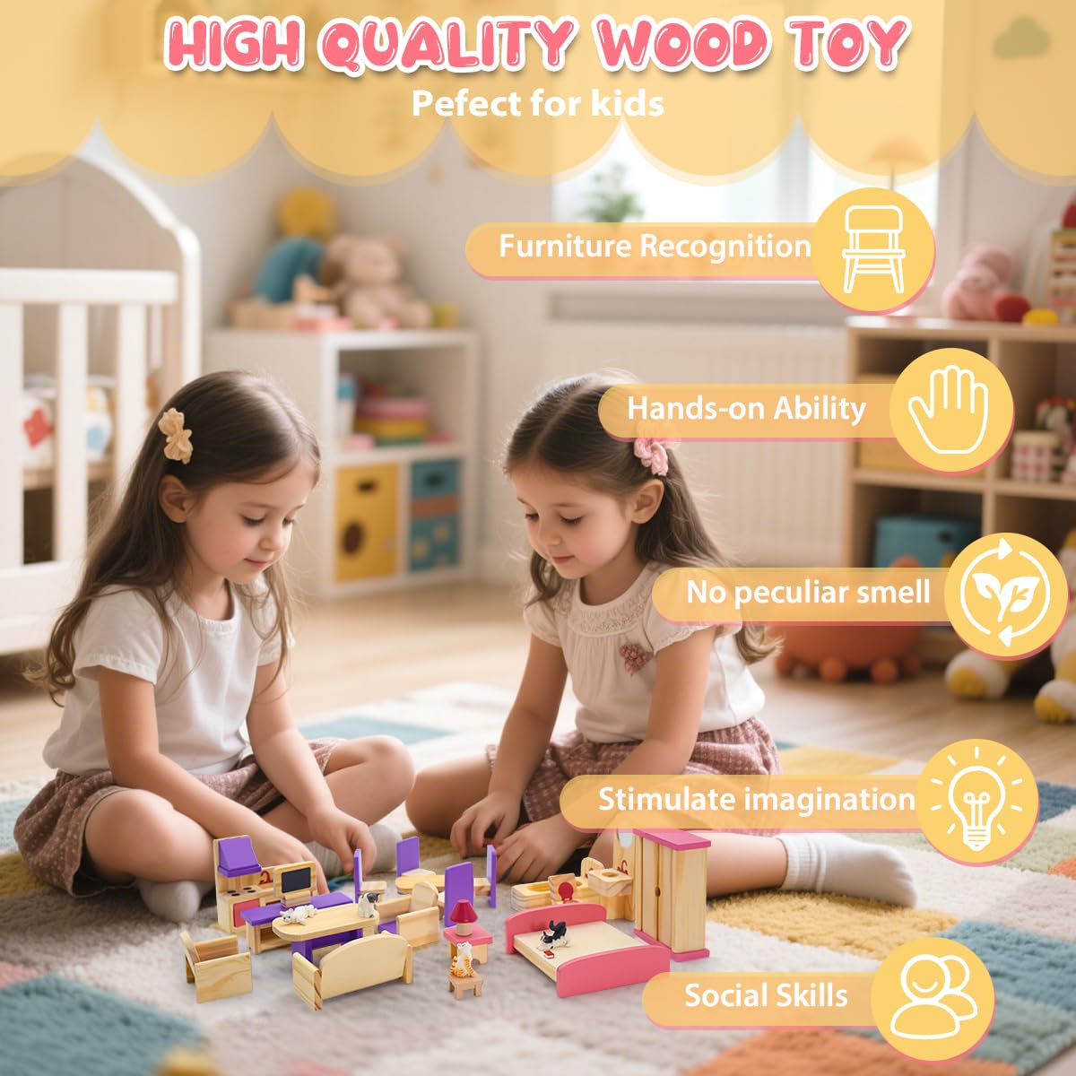 25PCS Wooden Doll House Furniture Set,Realistic Dollhouse Accessories with Bedroom,Living Room,Dining Room Accessories,Mini Cats for Pretend Play Educational Toys for Girls Boys Children Toddlers 3+ - Image 2