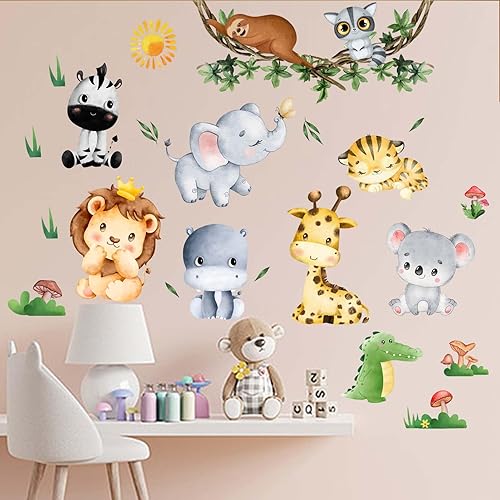 Miniatura 3 de Calcomanías de pared de animales de bebé de la selva, elefante, león, tigre, jirafa, calcomanías de pared, guardería, habitación de niños,
