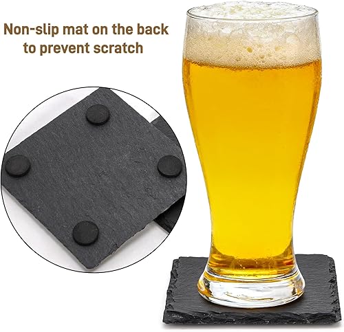 Miniatura 4 de ZOOFOX Posavasos de 24 piezas, posavasos cuadrados de piedra de pizarra de 4 pulgadas con 3 soportes, juego de posavasos hechos a mano para bar,