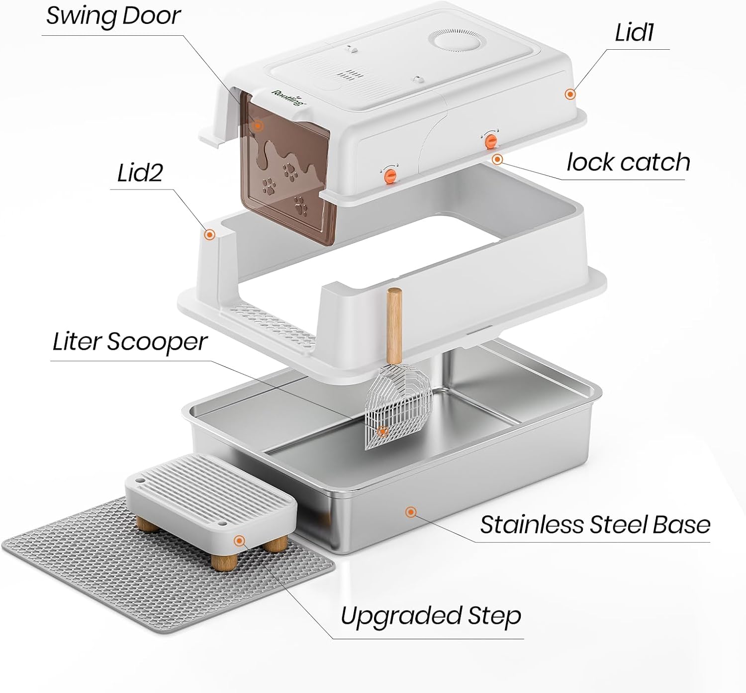 Stainless Steel Litter Box with Lid, 28" Extra Large Cat Litter Pan, Enclosed Metal Litter Box with Litter Scoop & Filter Pedal, Anti-Leakage, Odor Free, Non-Sticky, Anti-Leakage, Easy Cleaning