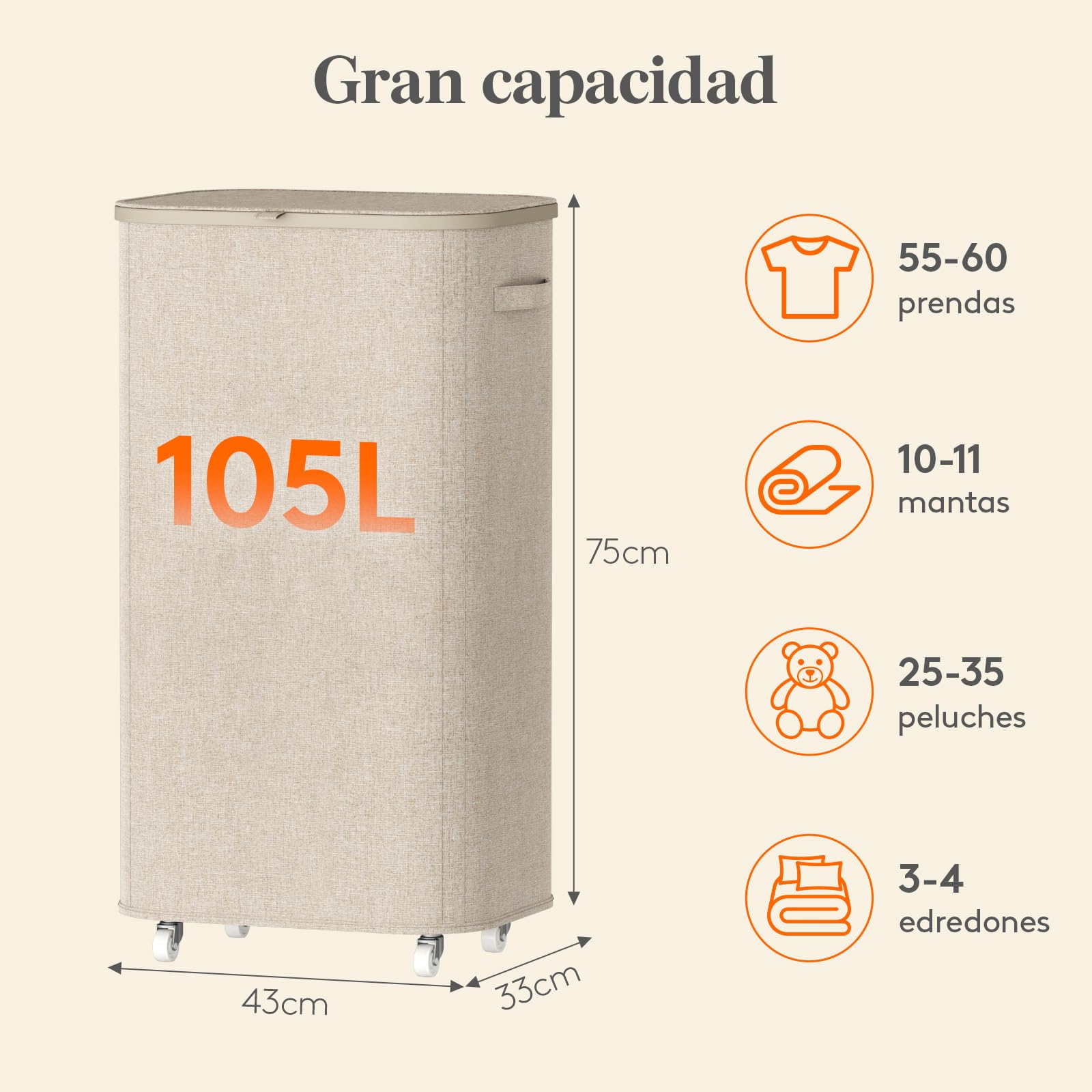 Lifewit Cesto Ropa Sucia con Tapa y Ruedas, Cubo Ropa Sucia Plegable con Bolsa Extraíble, Laundry Basket para Dormitorio, Baño y Lavadero, 105L, Beige