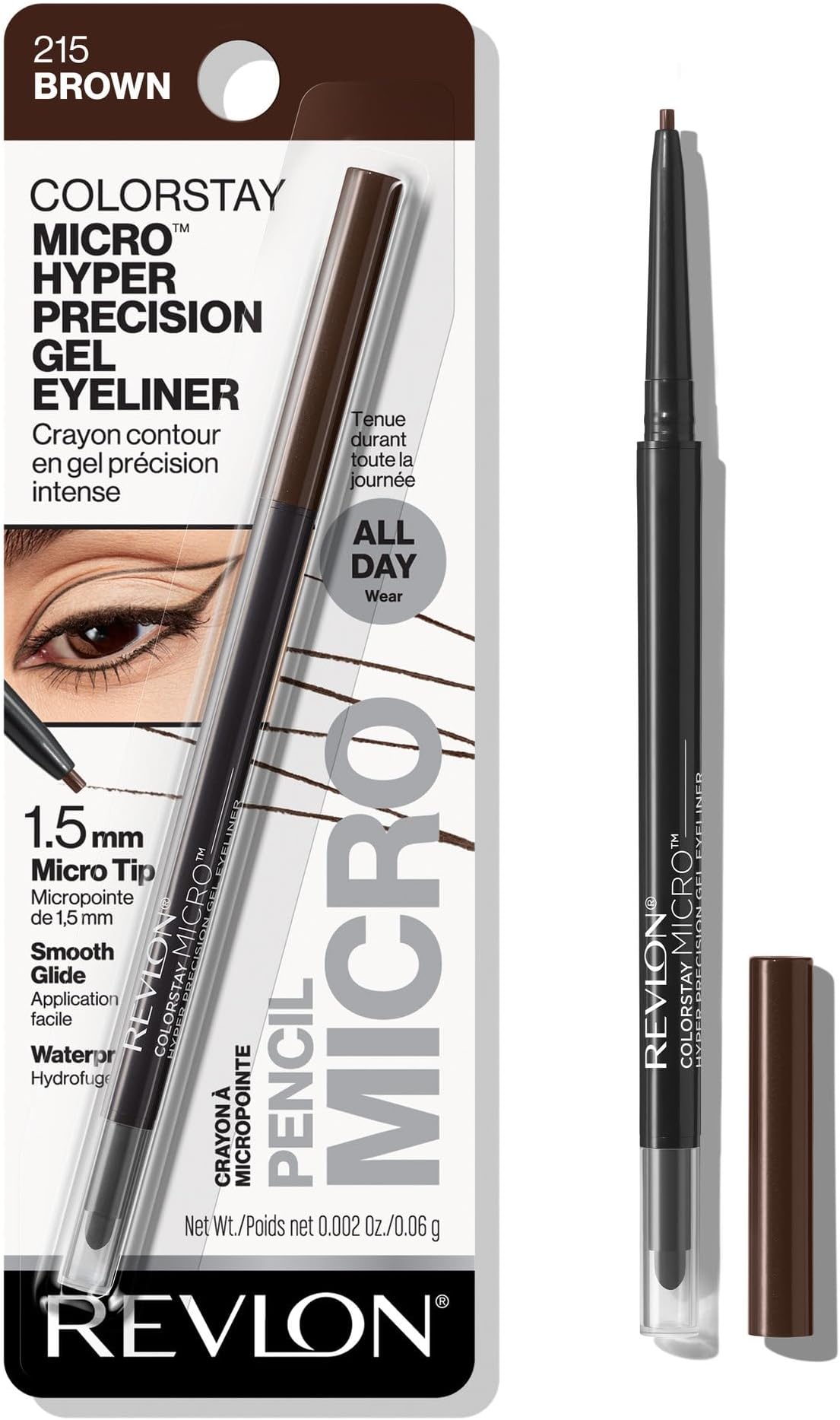 Revlon Gel Eyeliner, ColorStay Micro Hyper Precision Eye Makeup with Built-in Smudger, Waterproof, Longwearing with Micro Precision Tip, 215 Brown, 0.002 oz