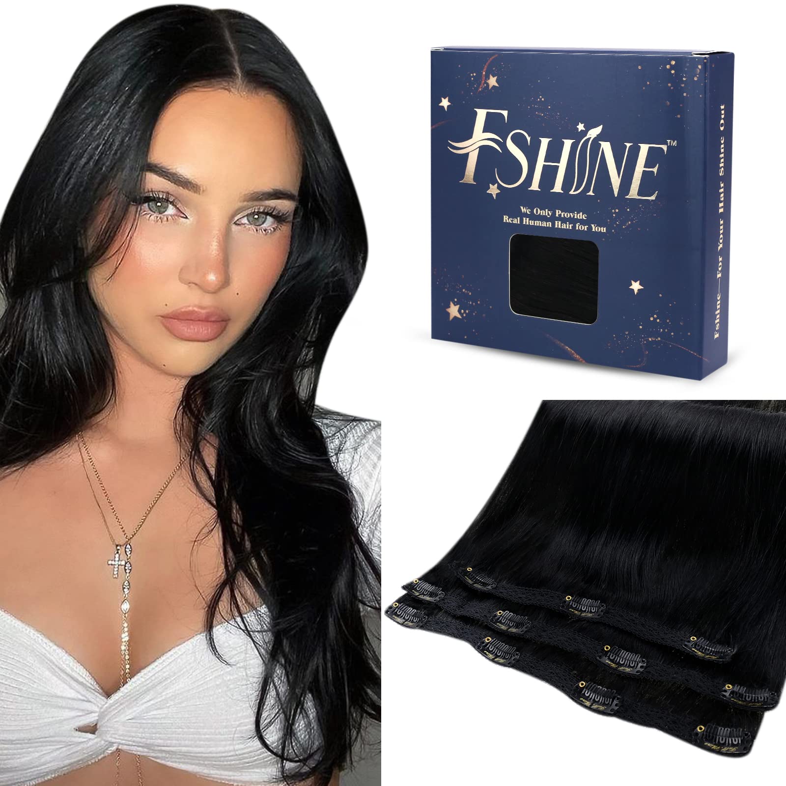Fshine Black Real Hair Extensions Clip in Human Hair 22In Black Real Hair Clip in Hair Extensions Black Clip in Extensions Clip in Remy Hair Extensions Long Thick Hair 7pcs 120g