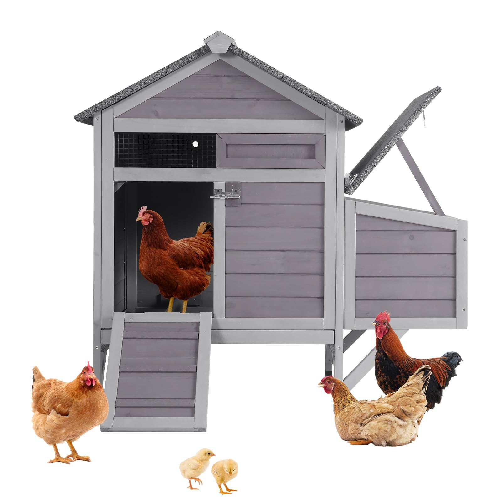 (only 1 box ) Small Chicken Coop with 2 Nesting Boxes, Wooden Hen House for 1-2 Chickens, Waterproof Asphalt Roof Poultry Hutch with Wildlife-Proof Latches, Roosting Bar and 4 Ground-Clearing Legs