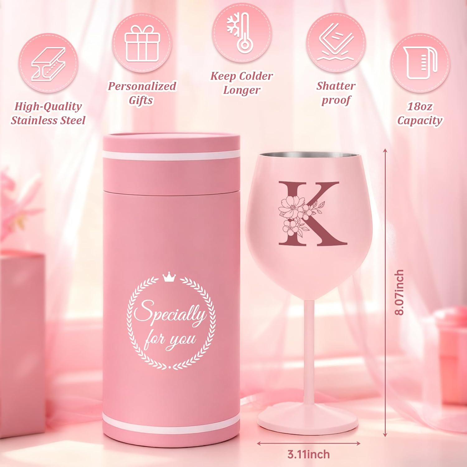 Lifecapido Personalized Gifts for Women, K Initial Gift Stainless Steel Custom Wine Glasses with Wine Bag and Card, Initial Birthday Christmas Monogrammed Gifts for Women - Image 7
