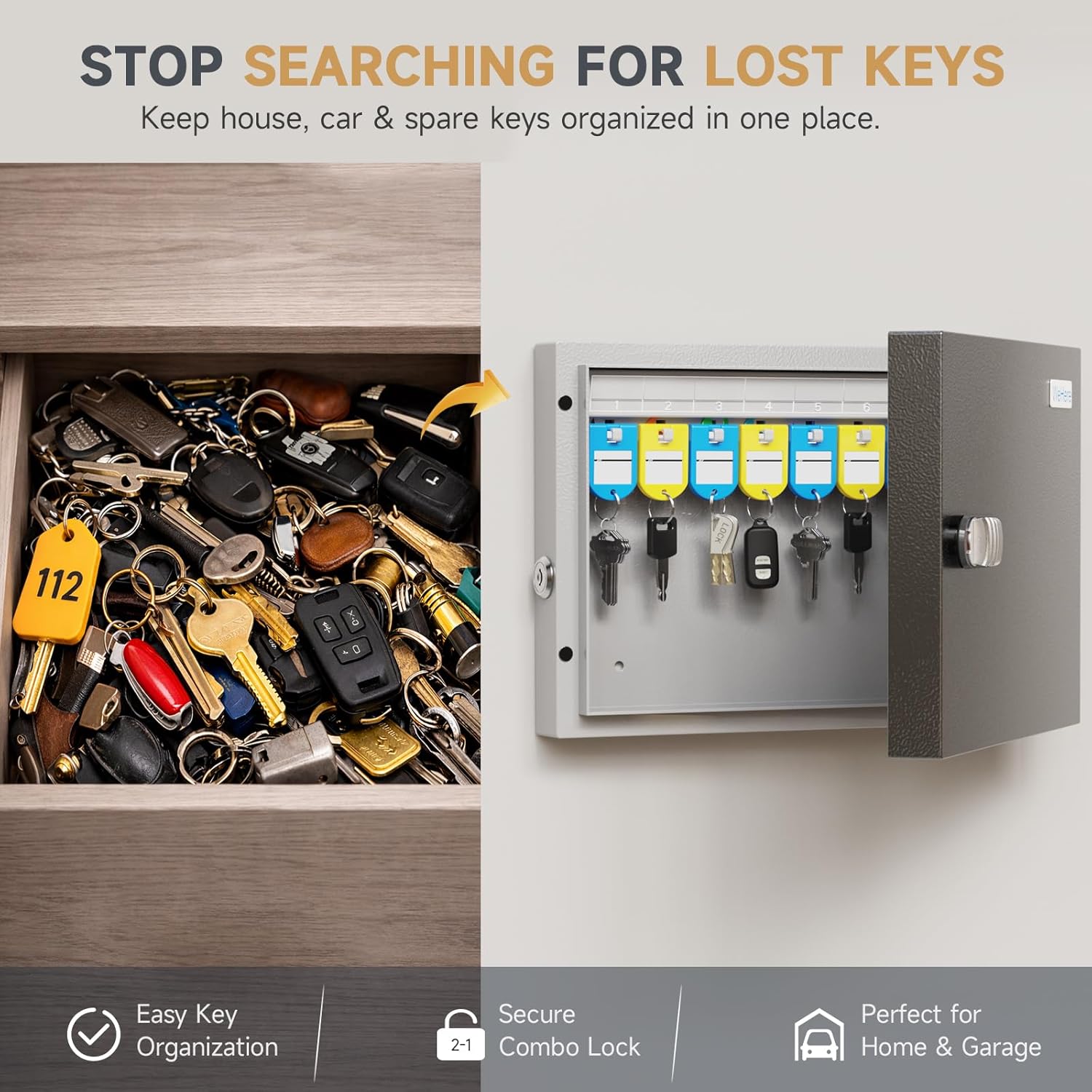 WeHere 16 Key Lock Box - Wall Mounted Key Cabinet with 3-Digit Combination Lock & Backup Key, Key Organizer Lockbox for Home, Office, Rental, Property Management, Includes Key Tags