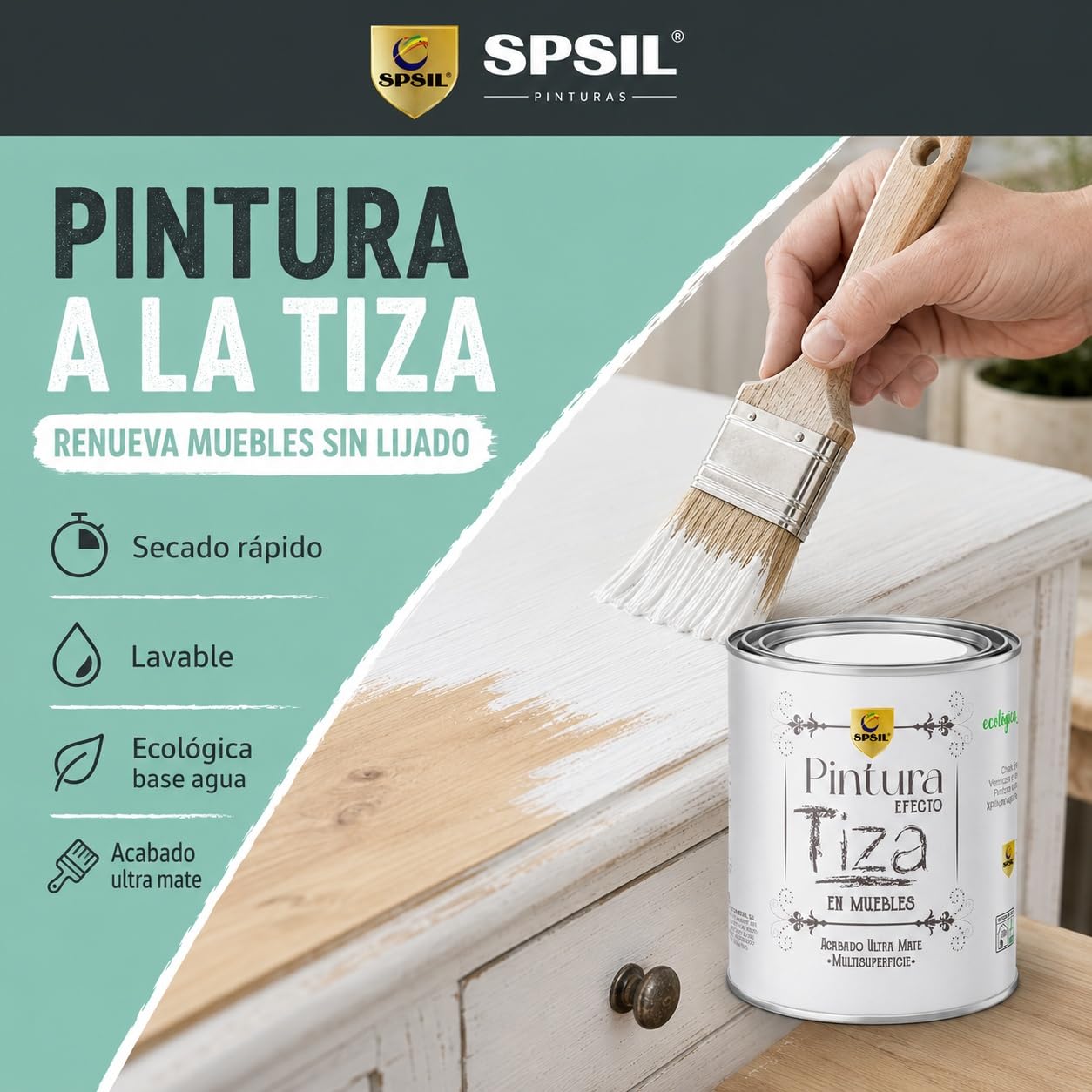 SPSIL Pintura a la Tiza Barniz Mate (750ml X 2) Multiusos Sin Lijado, Secado Rápido Lavable Ecológica, Mate Vintage para Madera Metal Yeso, Interiores Exteriores Bricolaje y Renovación de Muebles