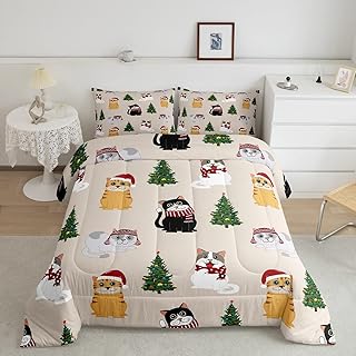 Erosebridal Christmas Comforter Queen Kawaii Cat Bedding Sets Xmas Tree Bedding Sets & Collections Down Comforter for Children Toddlers Bedroom Decorations 3Pcs with 2 Pillow Shams