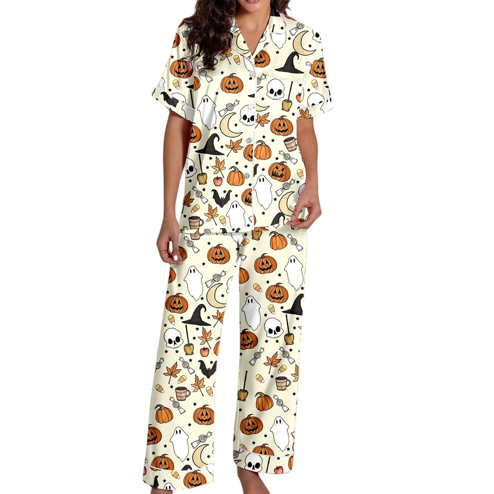 Genérico Conjuntos Pijama Mujer Halloween Satén Seda Manga Corta Abotonado Pantalones Cortos Ropa Dormir Cómoda Elegante Otoño Invierno