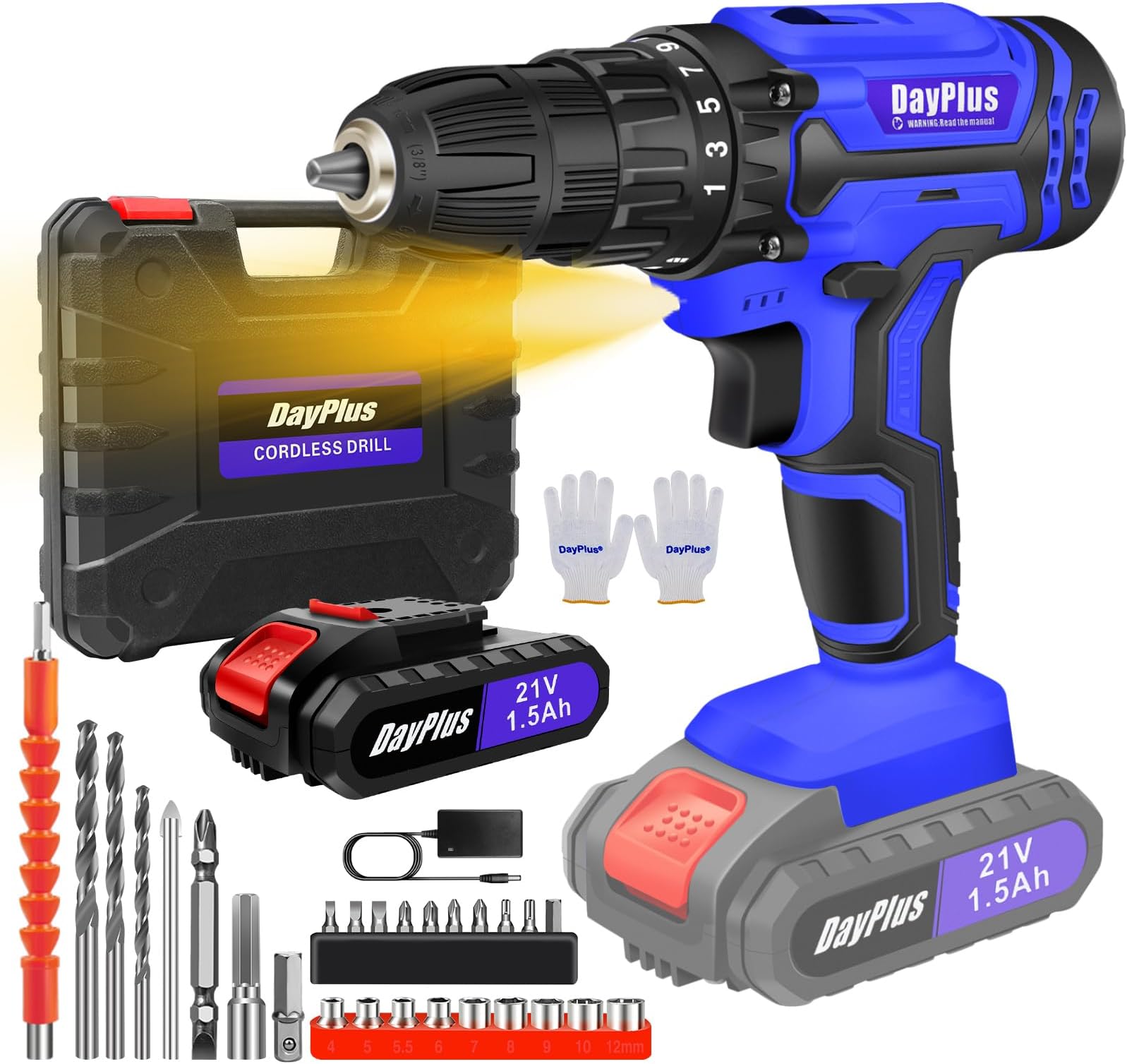 21V Cordless Combi Drill Set Electric Impact Driver Screwdriver, 1.5AH Battery&Fast Charger, Safety Lock 3/8" Chuck, 25+1 Torque Setting, 2 Speed, 26pcs Drill Bits, Hammer Drill with LED &Carry Case