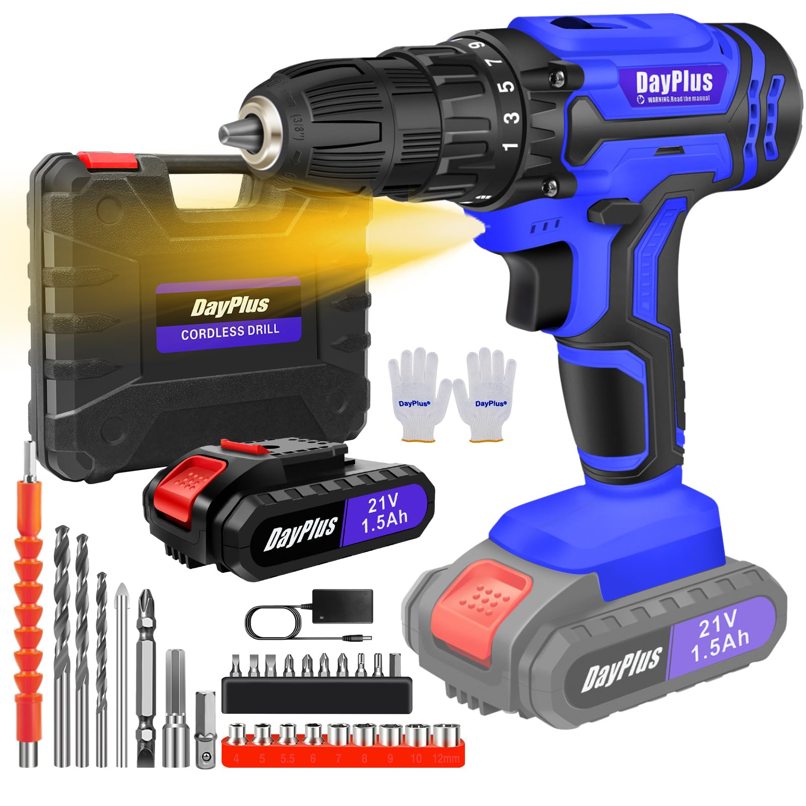 21V Cordless Combi Drill Set Electric Impact Driver Screwdriver, 1.5AH Battery&Fast Charger, Safety Lock 3/8" Chuck, 25+1 Torque Setting, 2 Speed, 26pcs Drill Bits, Hammer Drill with LED &Carry Case