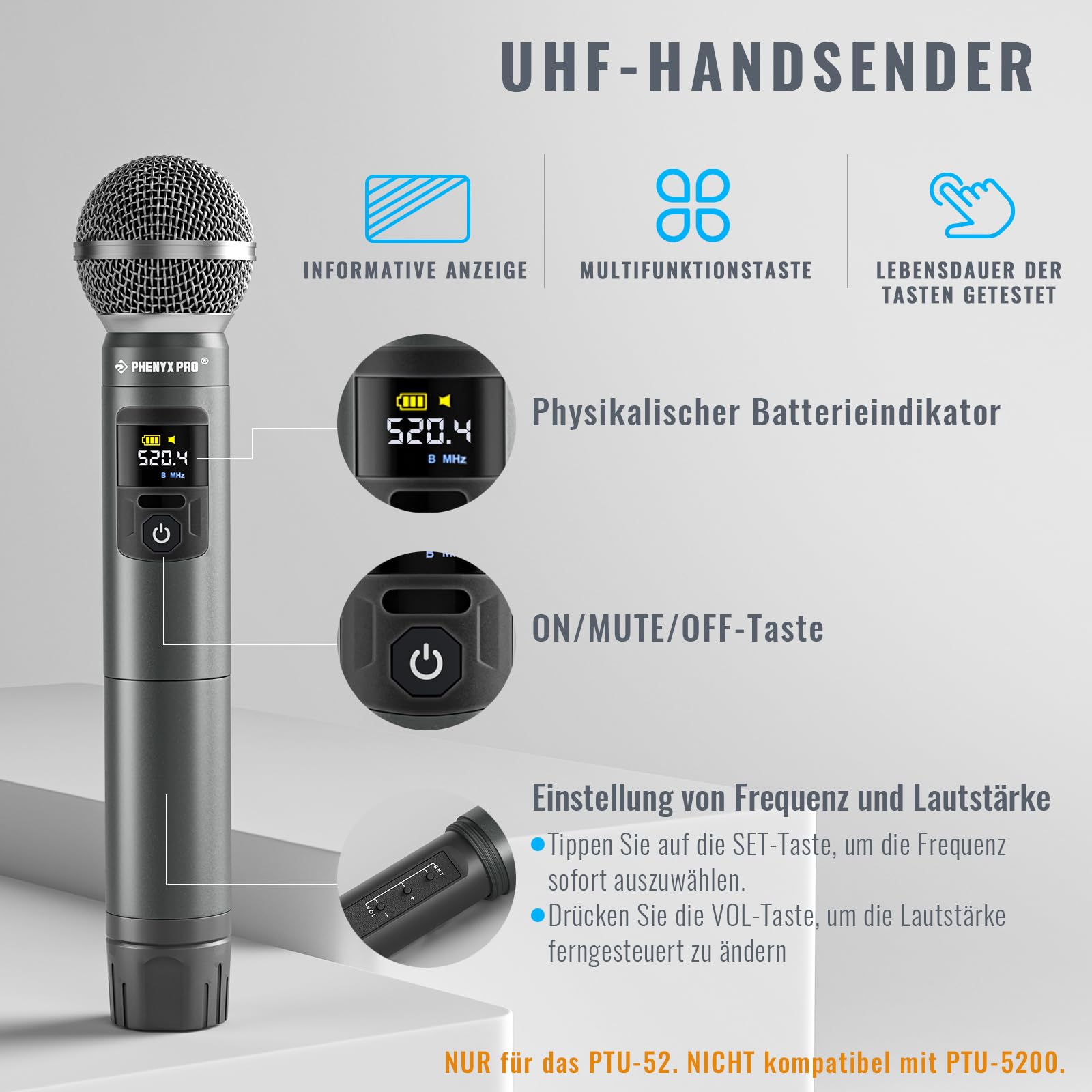 Phenyx Pro Kabelloses Mikrofon-Set mit Handmikrofon/Bodypack/Headset/Lavalier-Mikrofonen, 2x30 UHF-Frequenzen, ideal für Gesang, Karaoke, Kirche, DJ (PTU-52B)