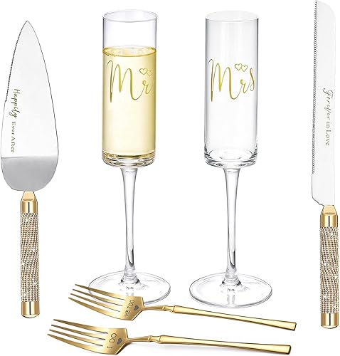 ROXBURGH Juego de cuchillos y servidores para tartas de boda, copas de champán, vasos dorados para brindis de novia y novio, tenedores de señor y