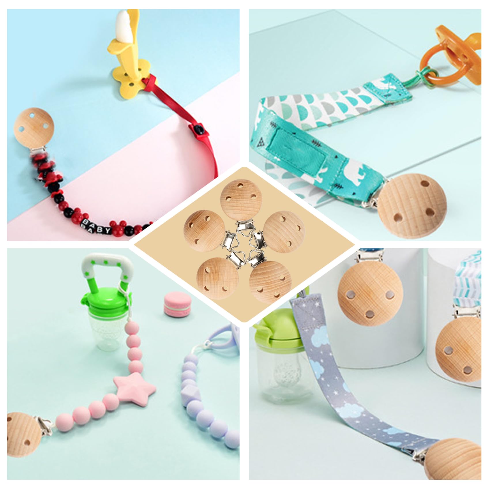 Clip per ciuccio in legno da 5 pezzi da 1, 2 pollici di diametro per ragazzi e ragazze, porta ciuccio portatile facile da usare e pulire con fori per giocattolo massaggiagengive, clip per bambini