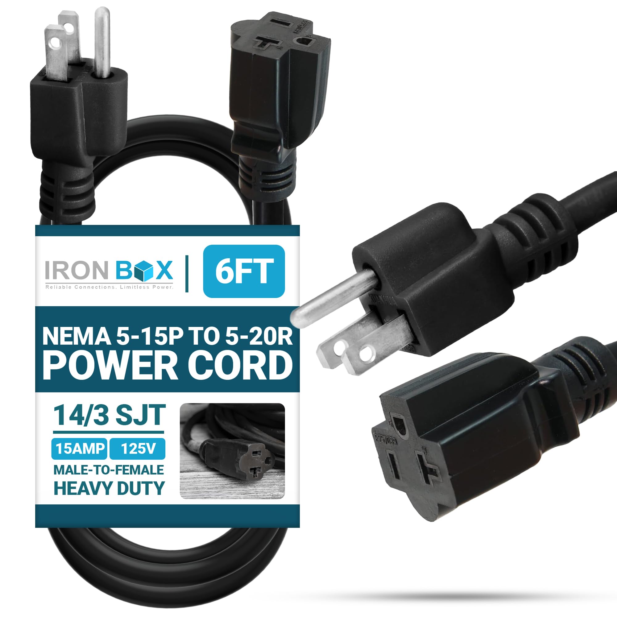 IronBox Electric NEMA 5-15P to 5-20R Power Cord - 15A, 125V, 14/3 SJT - Heavy Duty Extension Cord - UL Listed Plug Adapter and Connector Cable