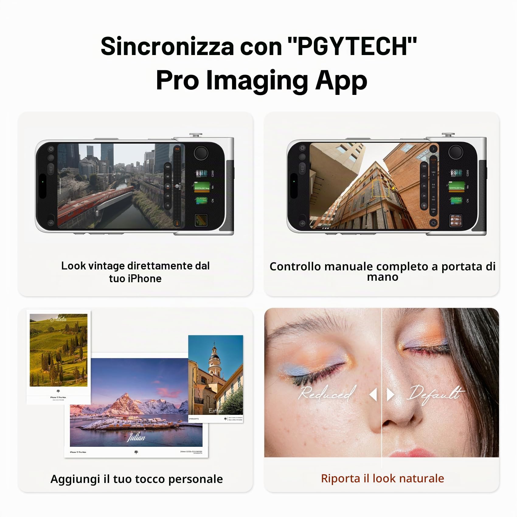 PGYTECH Kit Impugnatura RetroVa per iPhone 17 Pro Max, con Custodia Vintage, Impugnatura Bluetooth per Smartphone, Slot MicroSD, Filettatura 1/4"-20, Controlli Fisici e Integrazione App