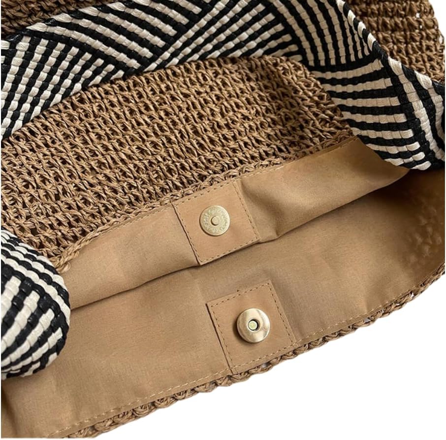 Large Straw Beach Bag for women Woven Summer Handbag Shoulder Bag with Black and White Patterned Woven Shoulder Straps