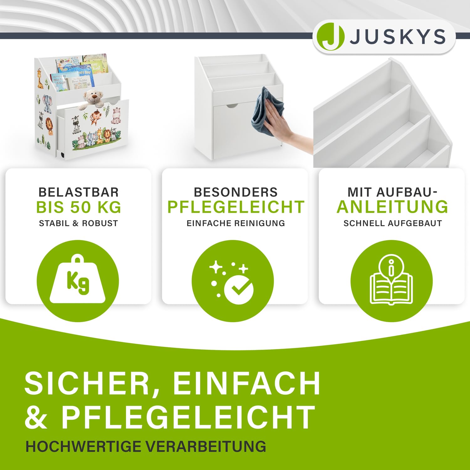 Juskys Kinder Bücherregal mit 3 Fächern & Spielzeugkiste - Holz Regal 63x30x70 cm BTH - Aufbewahrung von Büchern & Spielzeug im Kinderzimmer - Weiß