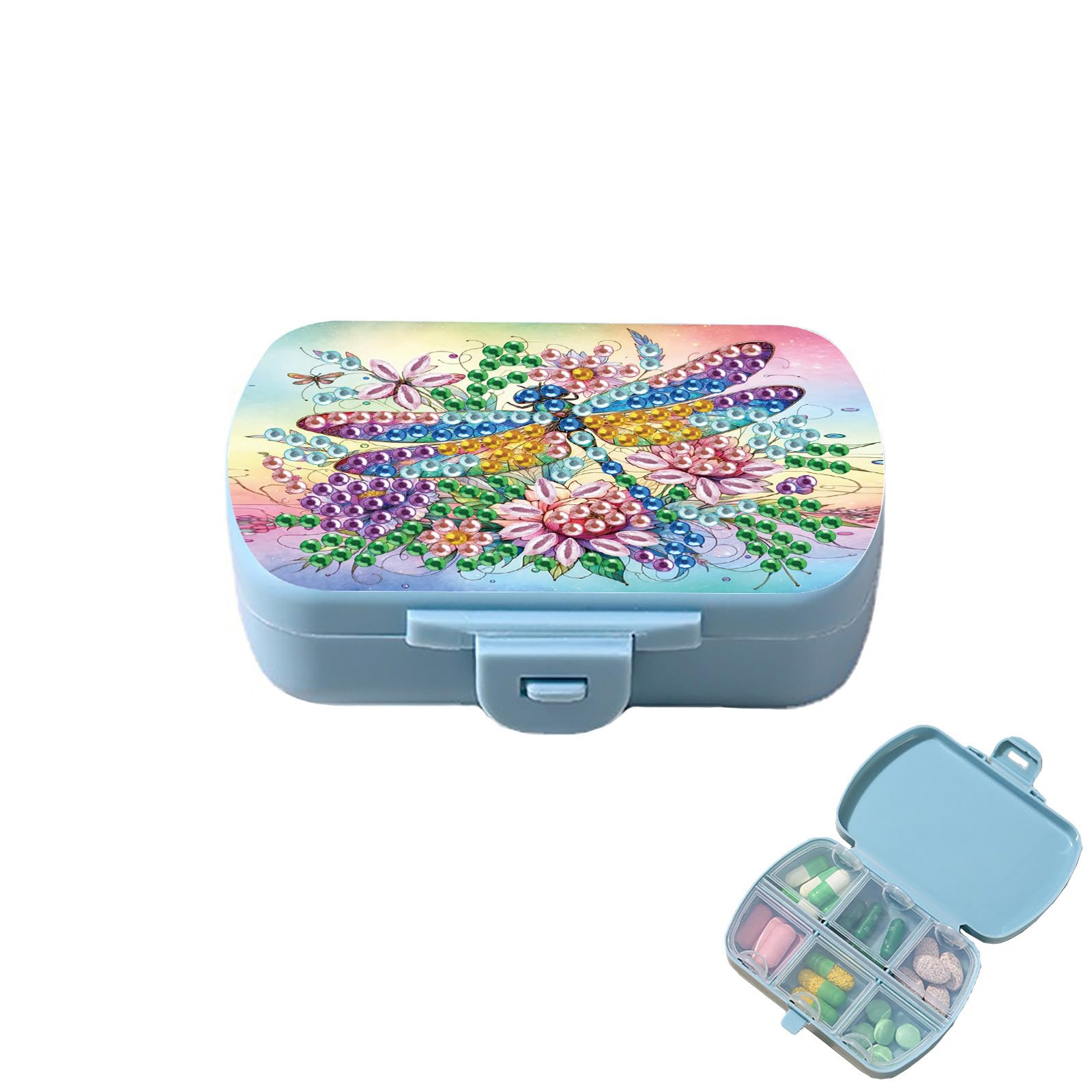 BAYUNOE Pill Box with 6-Grid DIY Diamond Art Painting Travel Pill Organizer for Pocket Purse Compact Portable Small Storage Case-Dragonfly02