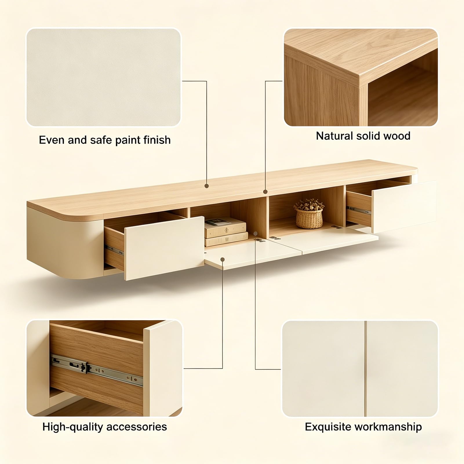 Mobile TV moderno 280 cm Beige e Bianco, Mobile TV basso con 2 cassetti e 2 ante a ribalta, Piano TV sospeso, Gestione dei cavi di alta qualità, Tavolo TV per soggiorno e sala da pranzo