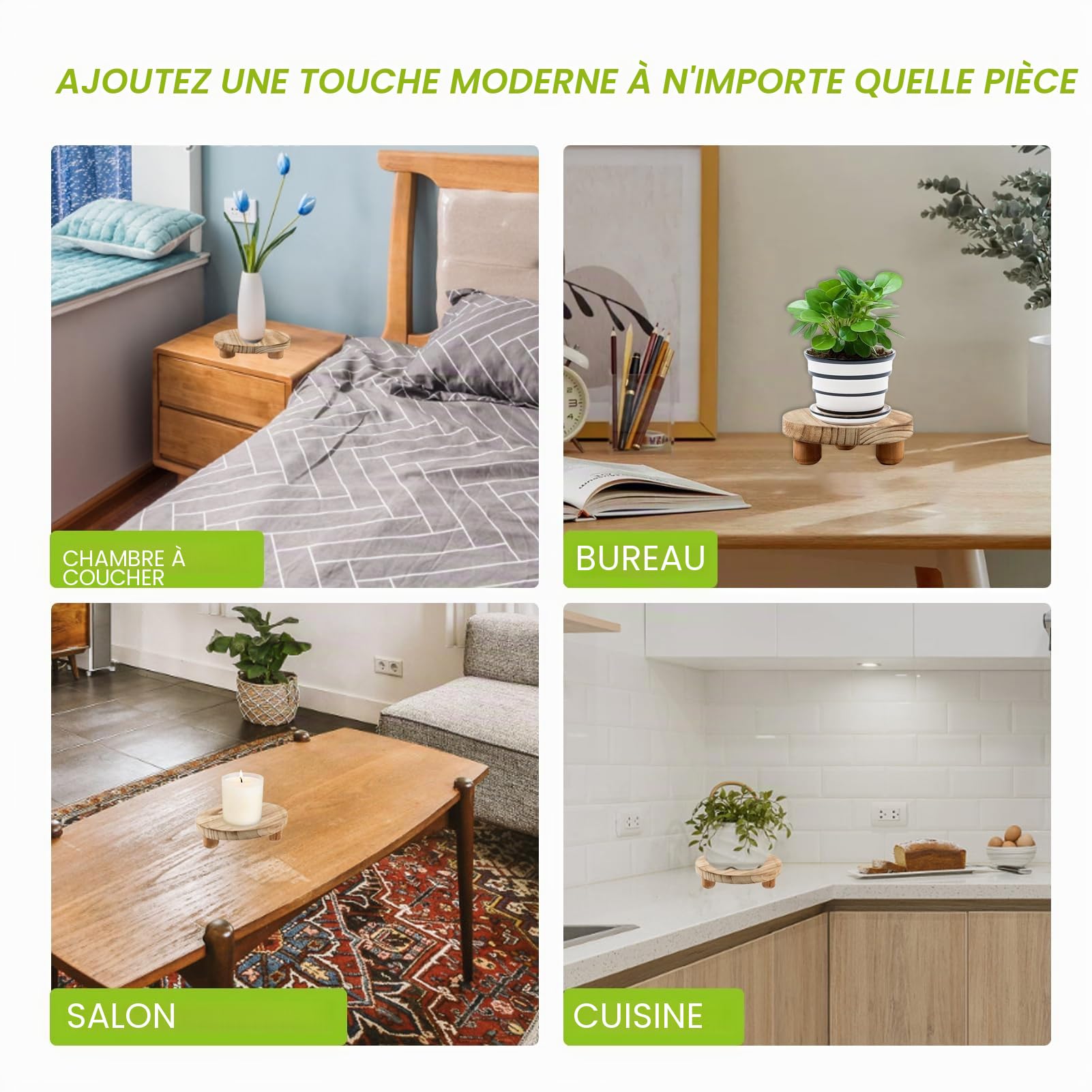 Tefola Lot de 3 Supports Ronds en Bois pour Plantes, 3 Tailles, Pot de Fleurs, Petit Support de présentation, Support décoratif pour Plantes d'intérieur, Cuisine, terrasse