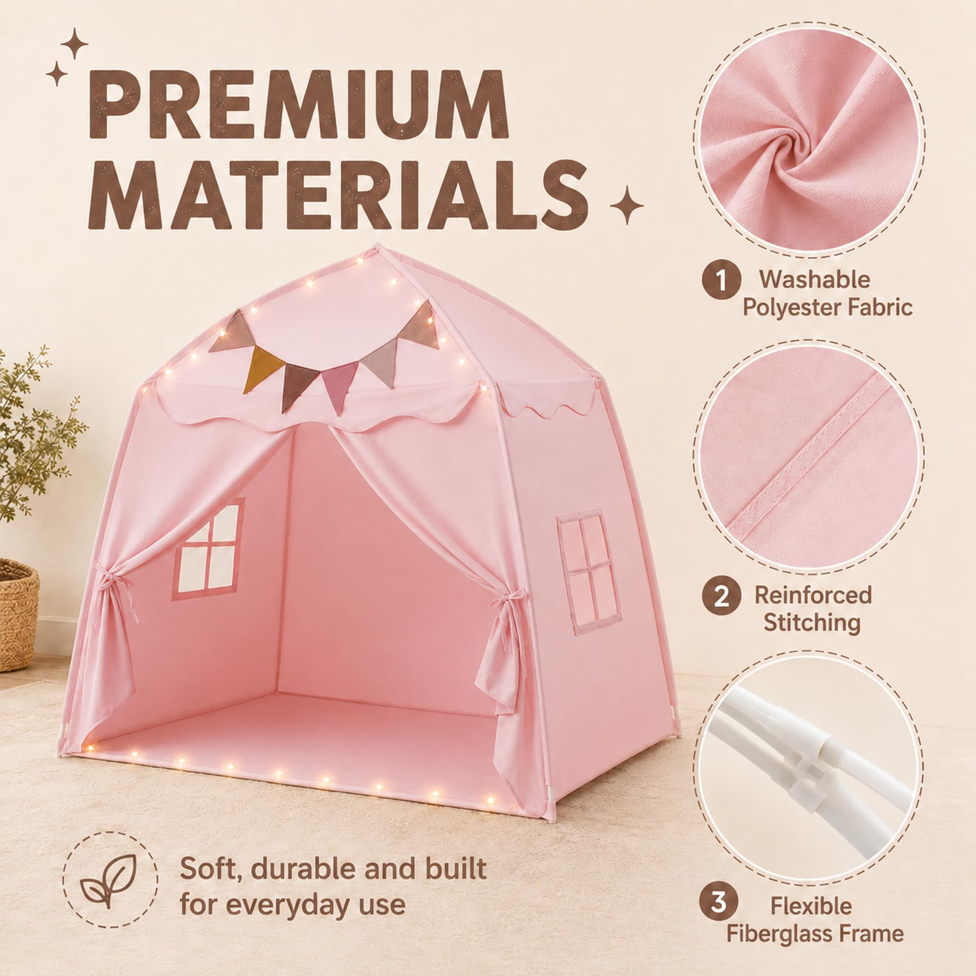Tienda de campaña de cúpula rosa para interior y exterior, extra grande, plegable, 150 x 100 x 150 cm, tienda de campaña portátil para interior con ventanas, guirnalda de banderines y luz de estrellas