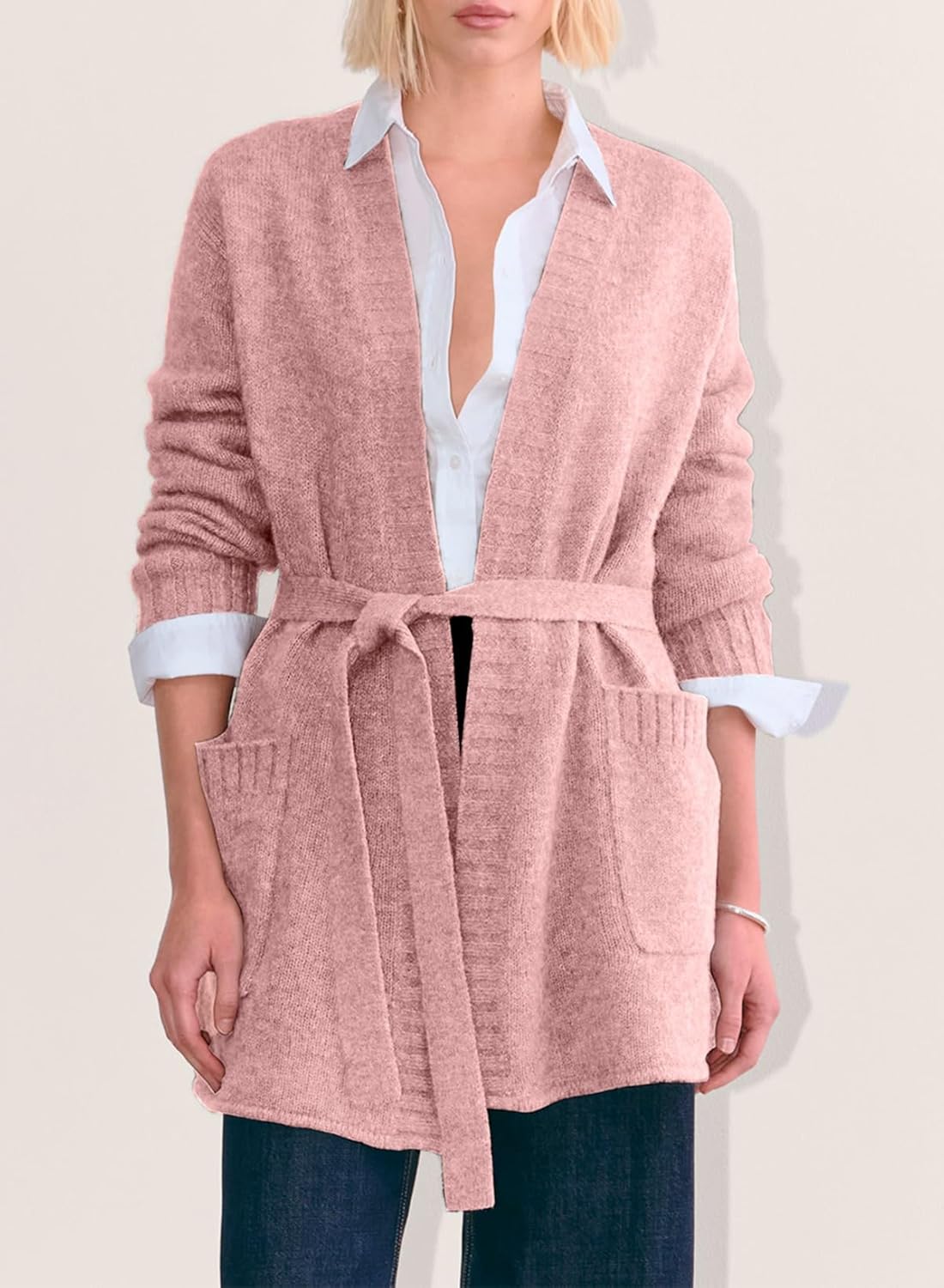 Astylish Womens Open Front Long Sleeve Belted Knit Cardigan Sweaters Trendy 2025 Outwear Coats with Pockets - Image 2