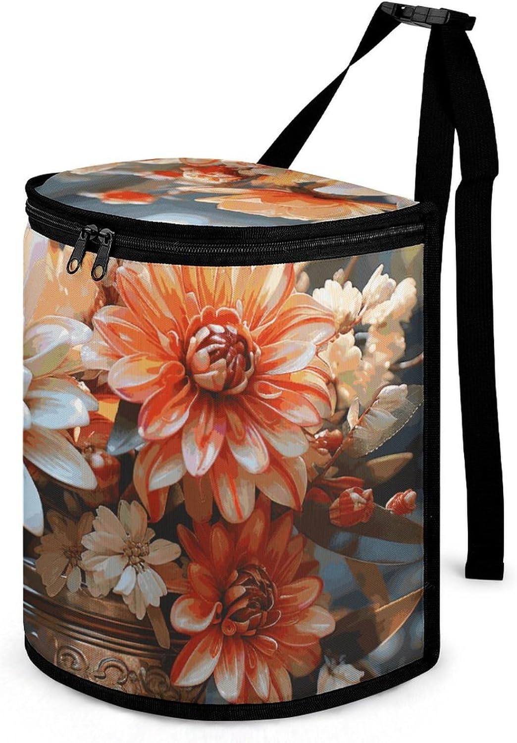 Hanging Car Trash Bag Orange Flowers Printed Car Garbage Storage Bag Leakproof Car Trash Can Portable Garbage Storage Bags