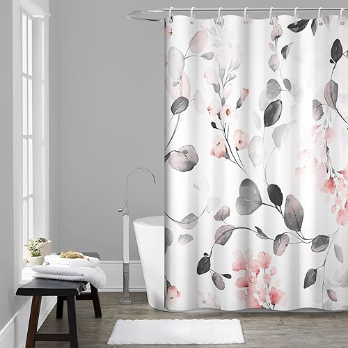 Miniatura 14 de Cortina de ducha con diseño de eucalipto azul acuarela, juego de cortina de ducha pequeña para caravana, impermeable, decoración de baño floral de