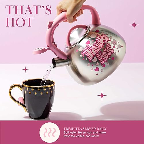Miniatura 5 de Paris Hilton Hervidor de té Whistling para estufa, acero inoxidable con diseño de indicador de calor "That's Hot" que cambia de color, mango suave