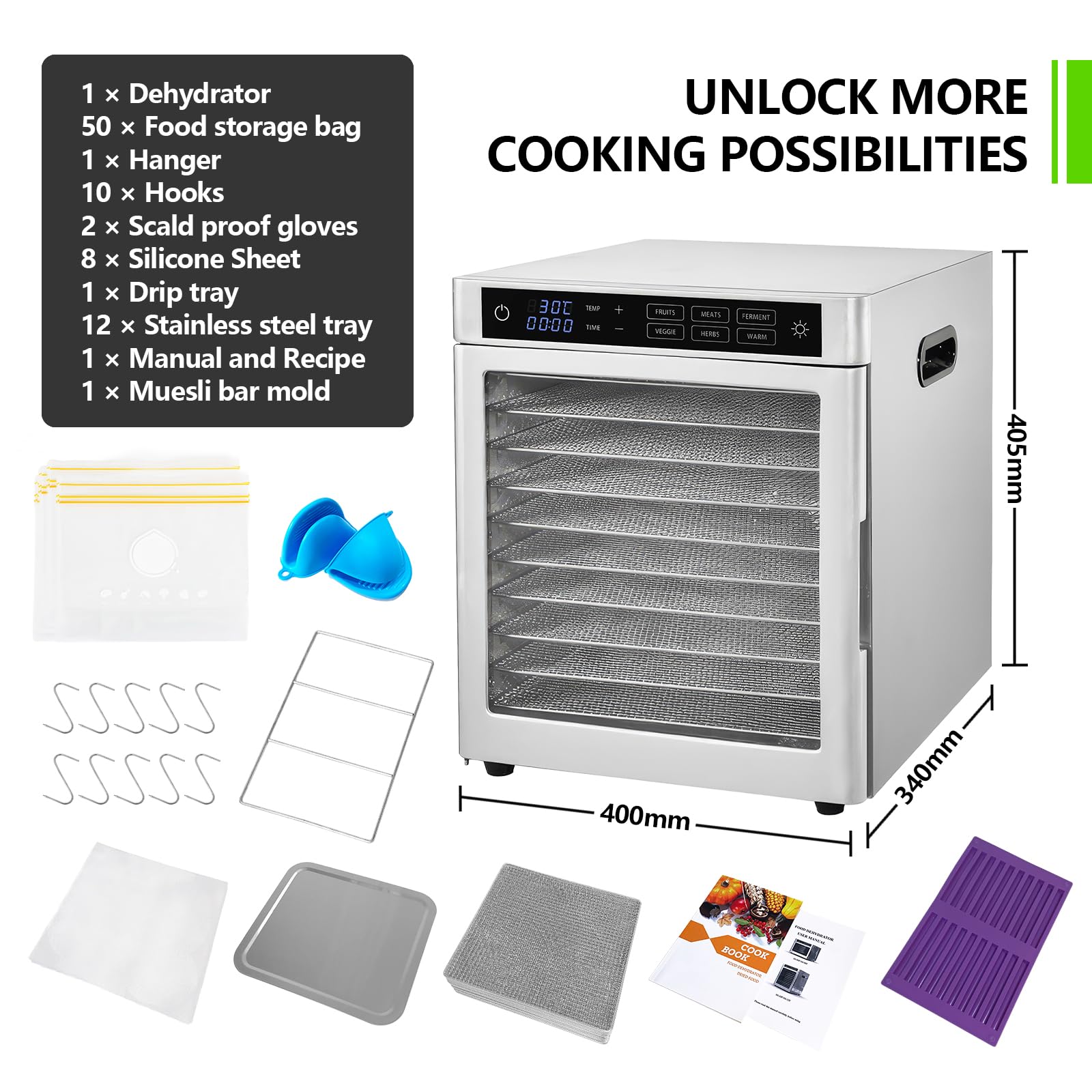 Dörrautomat Edelstahl mit 12 Edelstahlgitter - 800 W - 6 Voreinstellungen für Dörrgerät Dehydrator Obsttrockner Dörrapparat