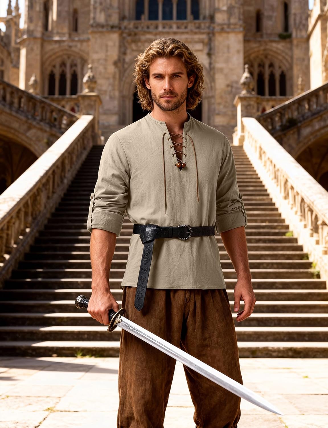 JEMITOP Men's Renaissance Pure Cotton Lace Up Shirt V-Neck Long Sleeve Retro Costume for Medieval Pirate Viking Without Belt - Image 3