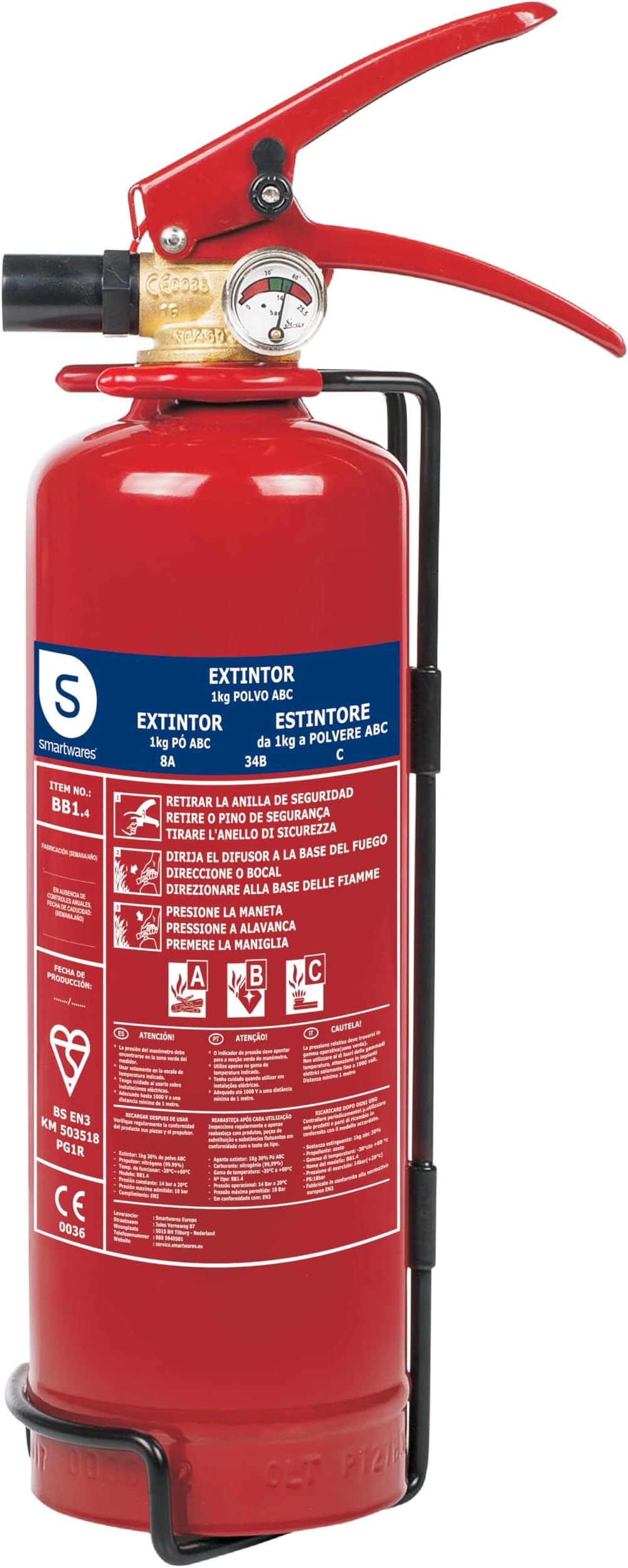 Smartwares Powder extinguisher - 1 kg - for ABC fires - Suitable for vehicles & homes - With mounting bracket